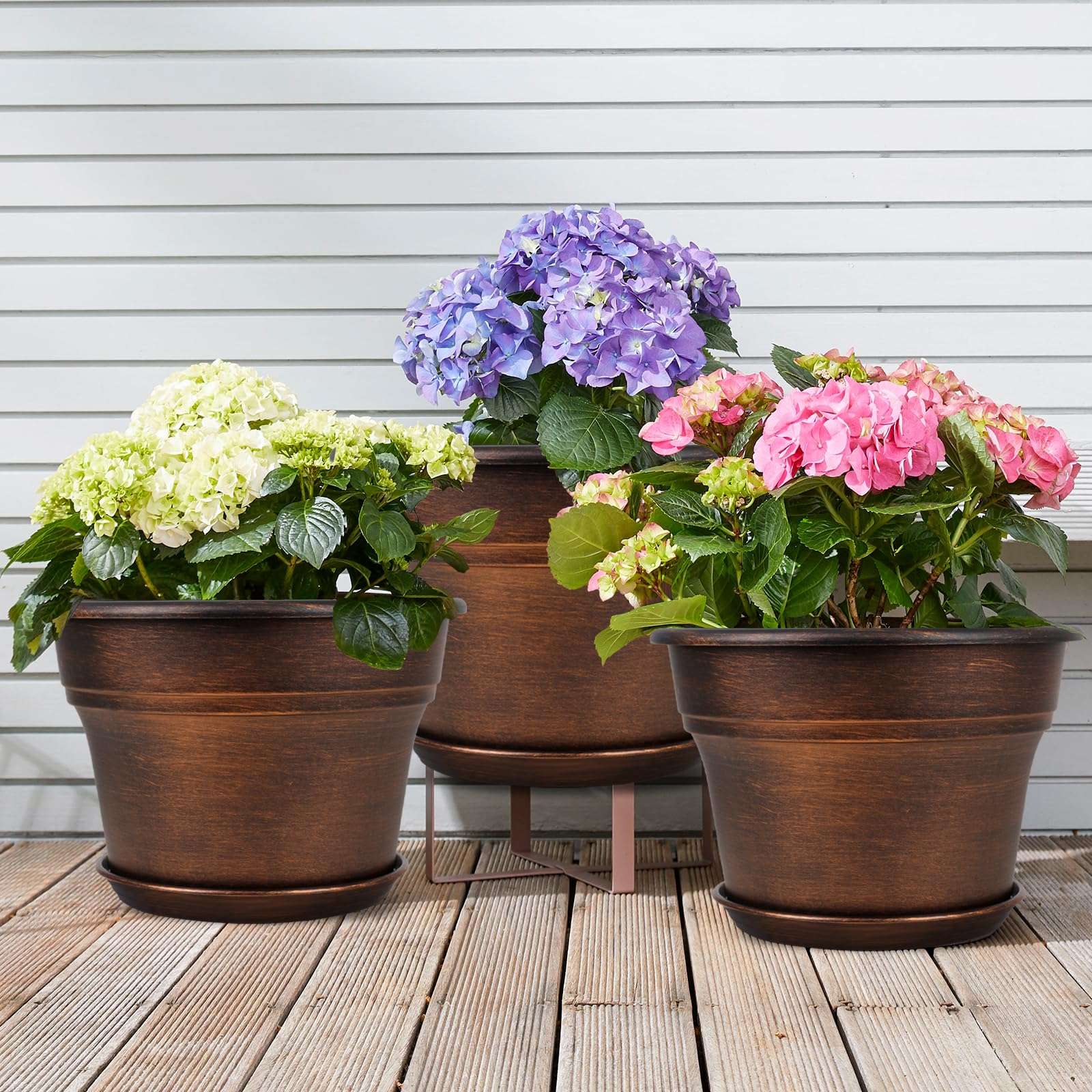 Plant Planters Pots Set of 4 Pack 8 Inch, Plastic Flower Pot for Indoor Plants with Drainage Holes & Trays, Resin Decorative Container Sets with Saucer for House Outdoor Garden Planters Copper - Image 2