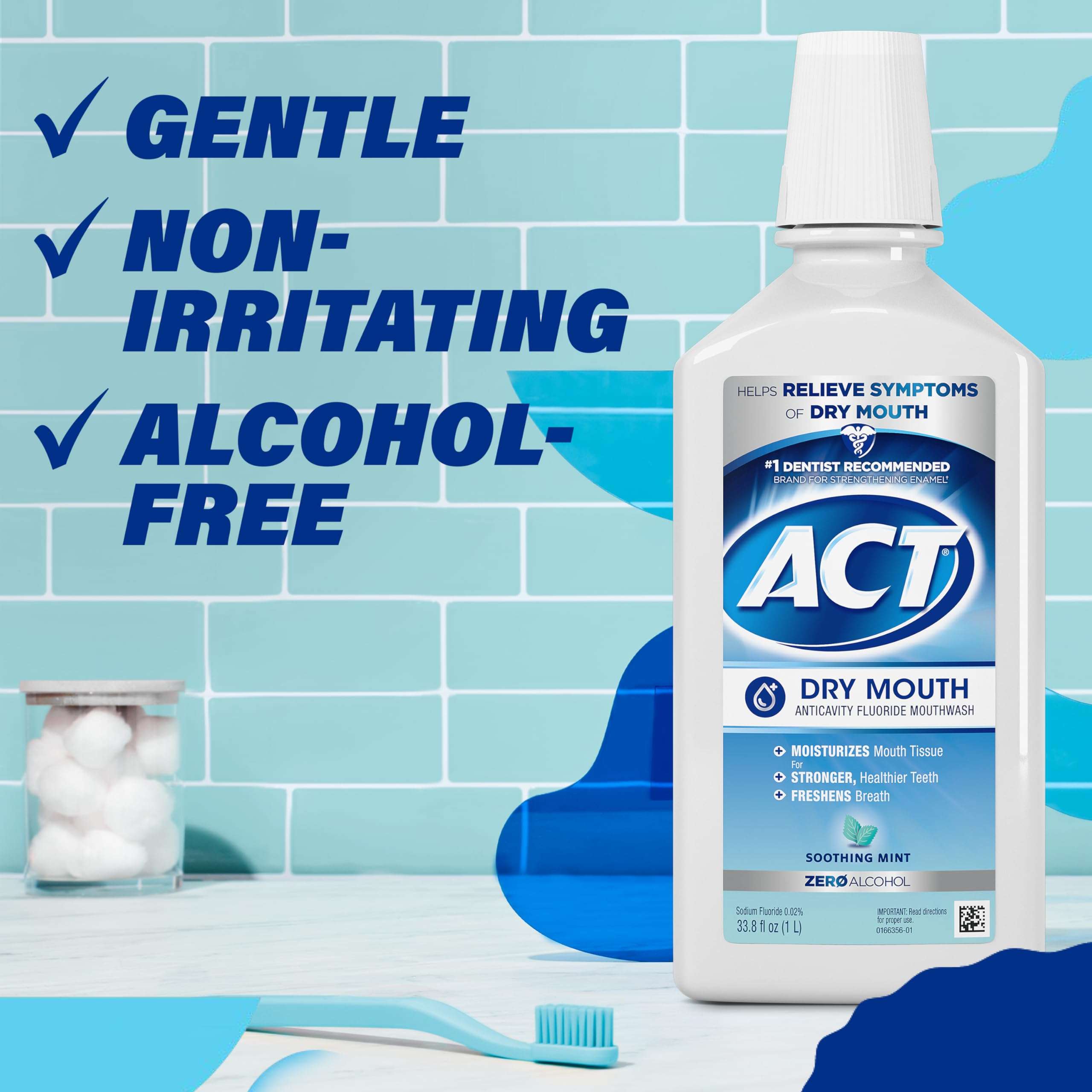 ACT Dry Mouth Anticavity Zero Alcohol Fluoride Mouthwash, Soothing Mint, 33.8 fl. oz. - Image 7
