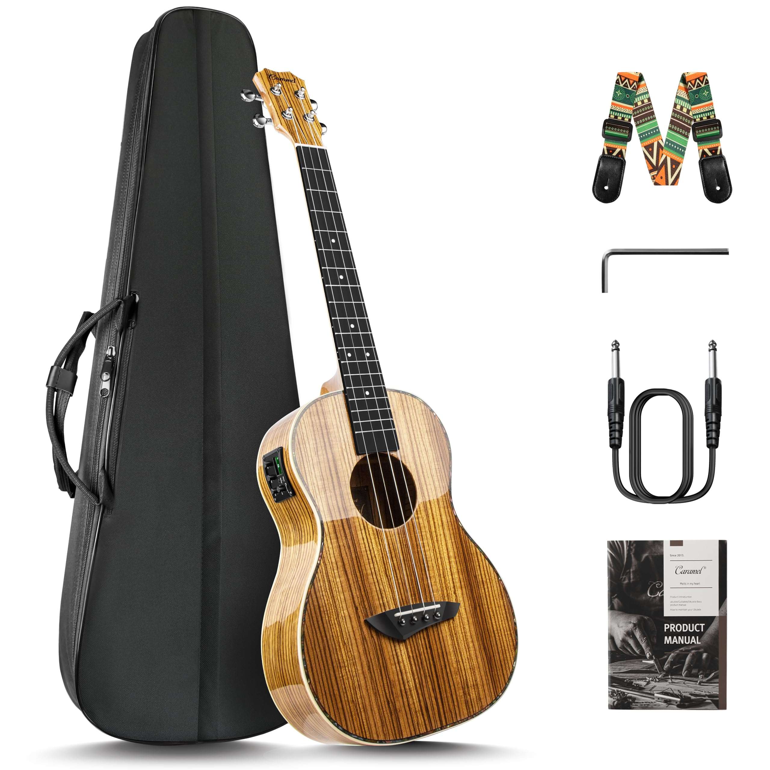 Caramel 30 inch CB103 Zebra wood High Gloss Baritone LCD color display Electric Ukulele Professional Ukelele Kit Beginner Travel Guitar Starter Pack Bundle, Padded Gig Bag, Strap Set - Image 1