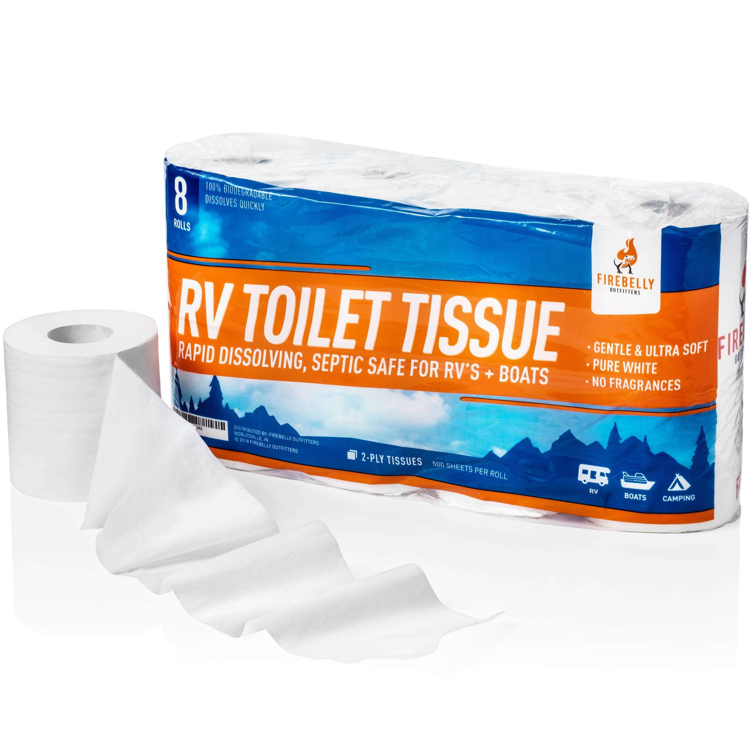 RV Toilet Paper, Septic Tank Safe-MADE IN THE USA- 8 Rolls,2-Ply 500 Sheets - Fast Dissolve Bath Tissue for Camping, Marine, RV Holding Tanks, Biodegradable - Firebelly Outfitters - Image 6
