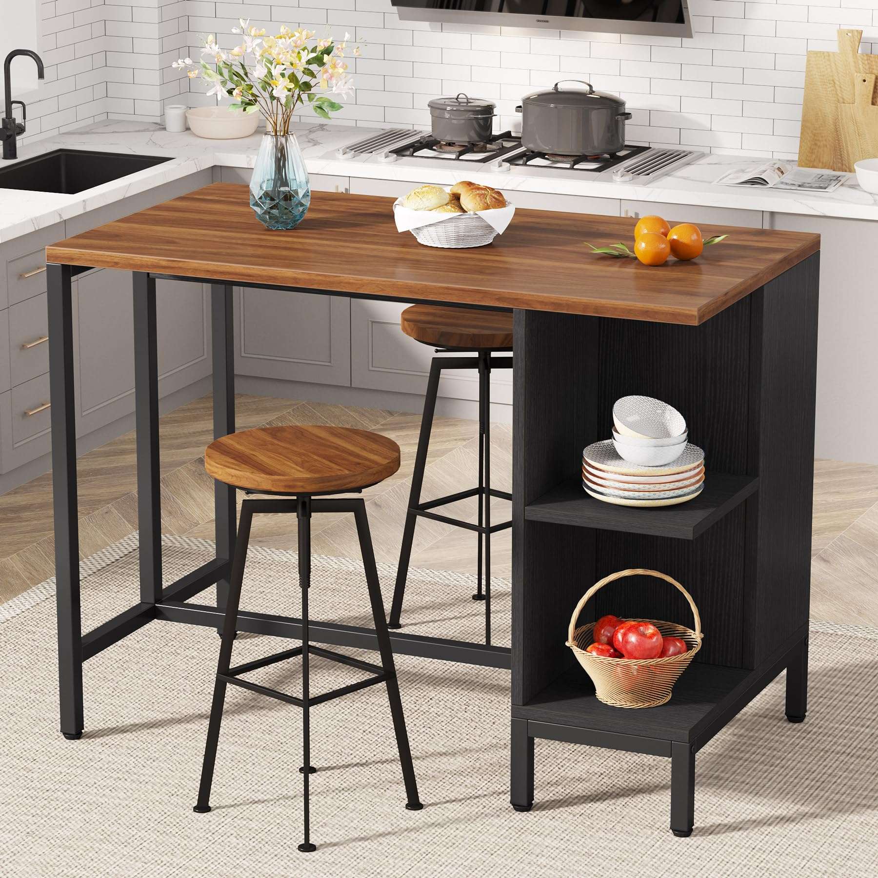 Tribesigns Kitchen Island, Kitchen Shelf Bar Table with 5 Open Storage Shelves and Large Worktop, Industrial Butcher Block Island (Stools Not Included) - Image 3