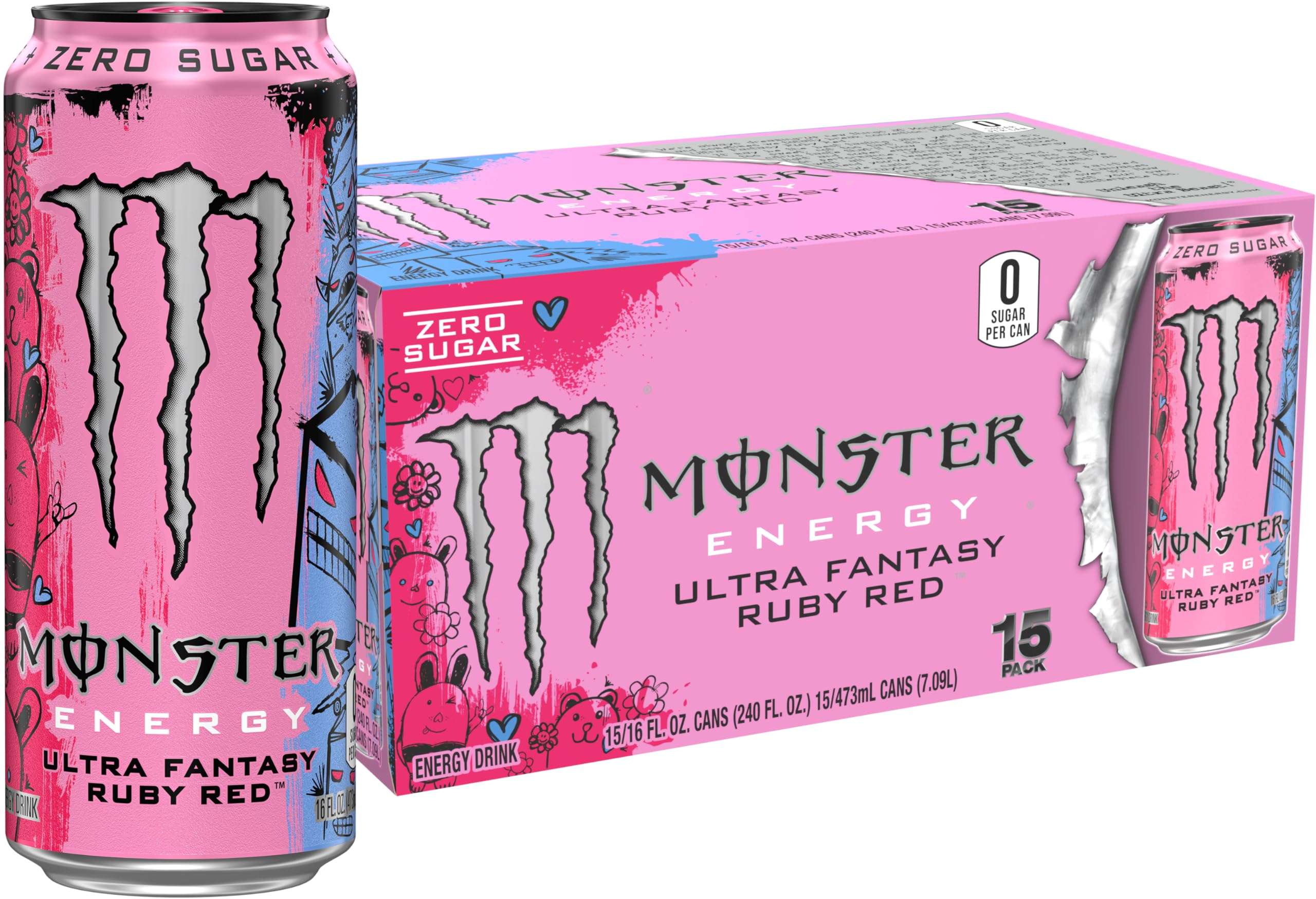 Monster Energy Ultra Fantasy Ruby Red, Sugar Free Energy Drink, 16 Ounce (Pack of 15) - Image 1