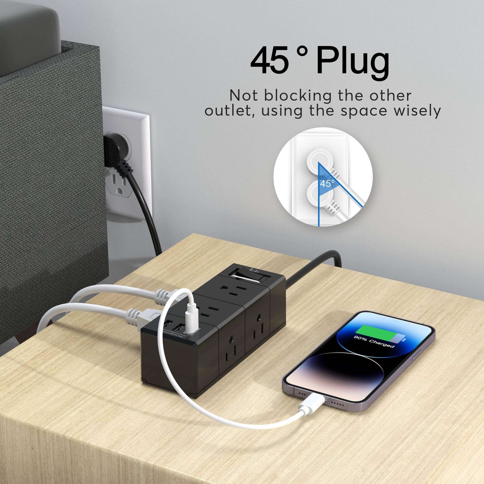 10Ft Extension Cord Flat Plug Power Strip - Tcstei 3-Side Outlet Extender with 6 AC Outlets and 3 USB Ports (1 USB C), Compact for Home, Office, Dorm Room Essentials, ETL, Black - Image 5