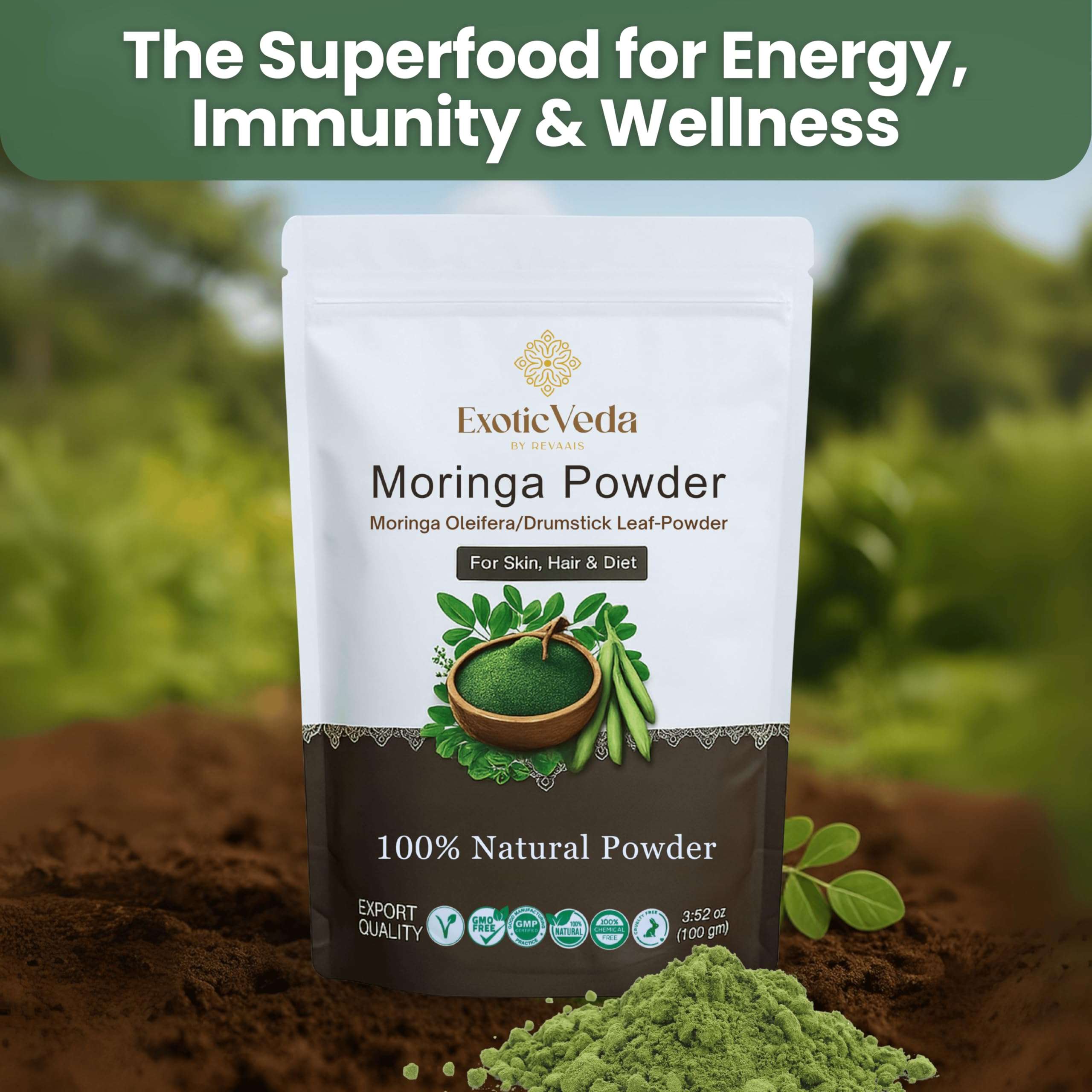 Exotic Veda Moringa Powder 100g (3.52oz) | 100% Pure & Natural Superfood | Nutrient-Rich, Antioxidant-Packed | Vegan & Gluten-Free | for Smoothies, Teas, Soups & Daily Wellness - Image 3