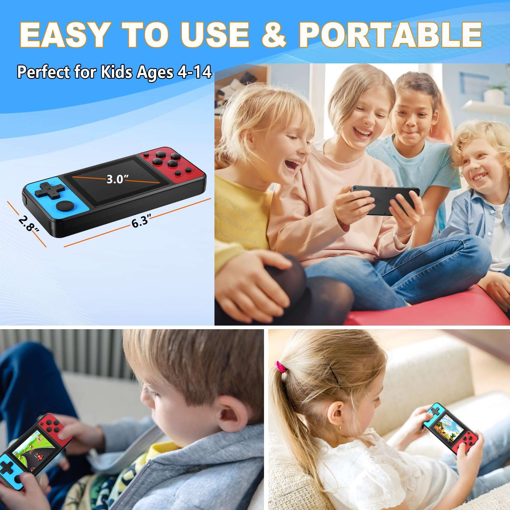 KAVOYI 32 Bit Handheld Games for Kids Built-in 139 Video Games,3.0" IPS Screen Rechargeable Portable Arcade Gaming Player,Electronic Toys for Boys Girls Birthday Xmas Gift Blue-Red - Image 6