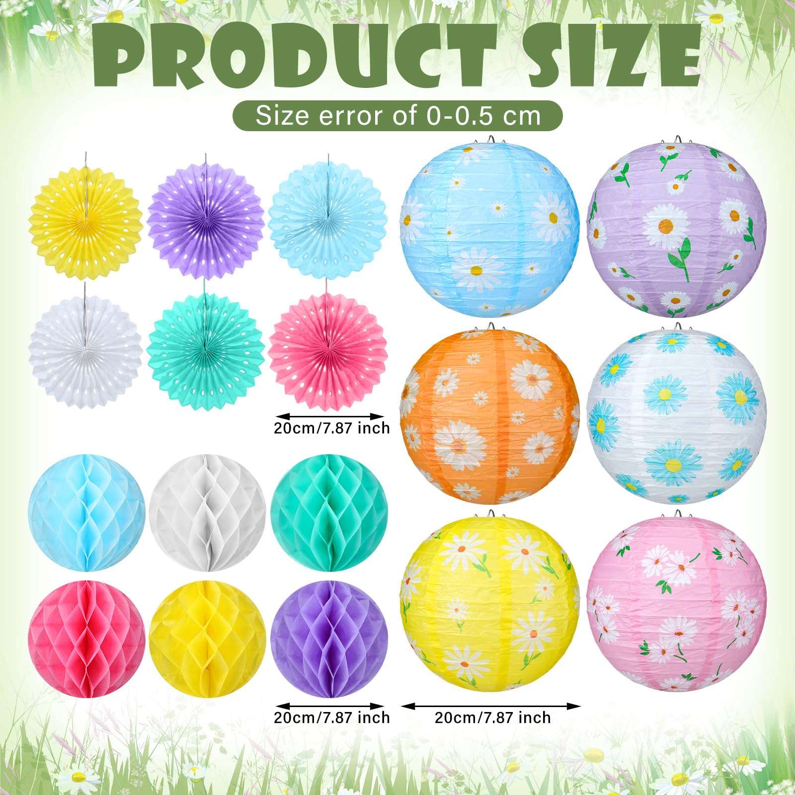 Baquler 18 Pcs Daisy Party Decorations Kit Pastel Floral Paper Lanterns Summer Tea Party Hanging Paper Fans Wild Flower Hanging Honeycomb Ball for Classroom Wedding Bridal Shower Decor Supplies - Image 2