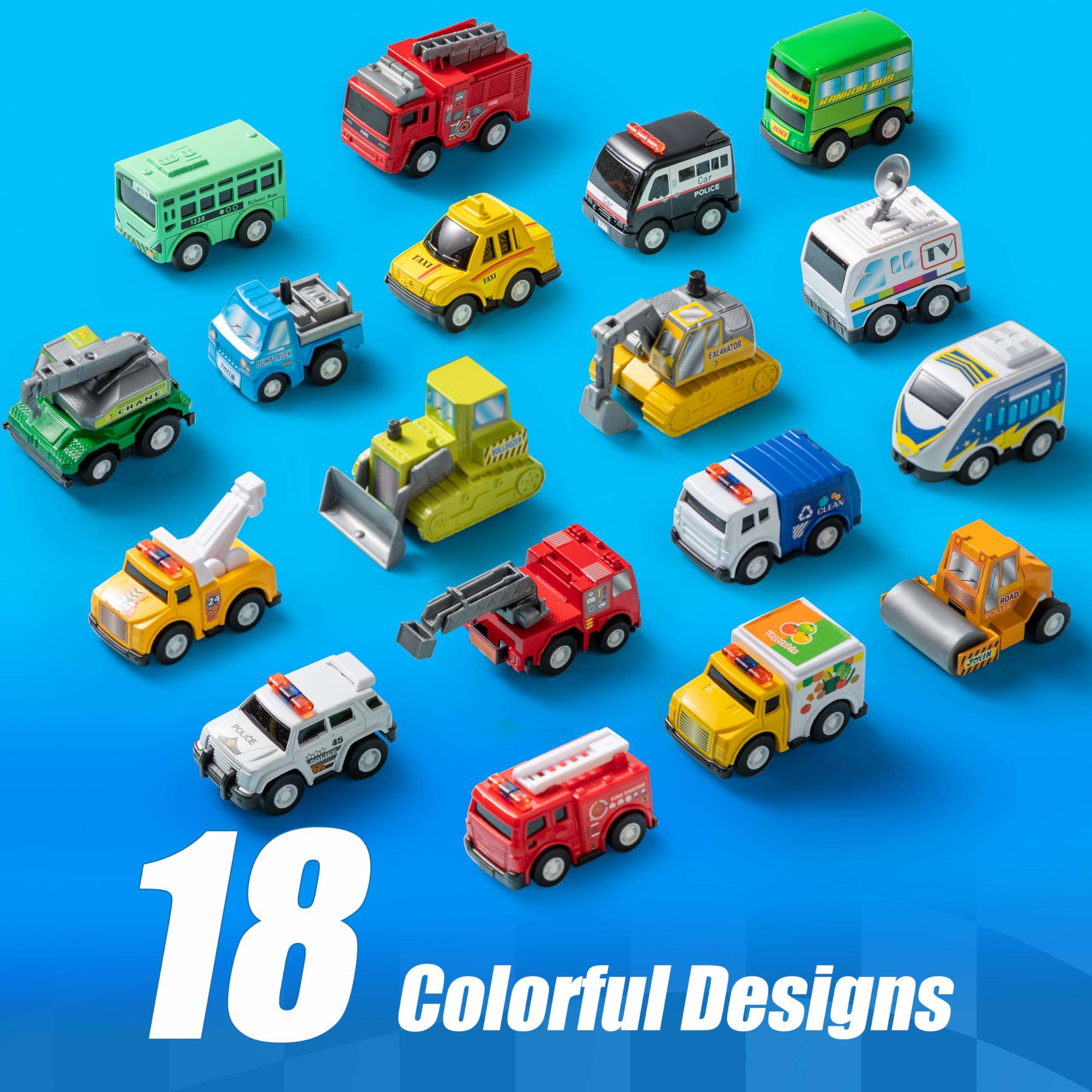 JOYIN 18 Pcs Pull Back City Cars and Trucks Toy Vehicles Set, Friction Powered Cars Toys for Toddlers, Boys, Girls’ Educational Play, Kids Stocking Stuffers, Treasure Box Gifts for Classroom - Image 3