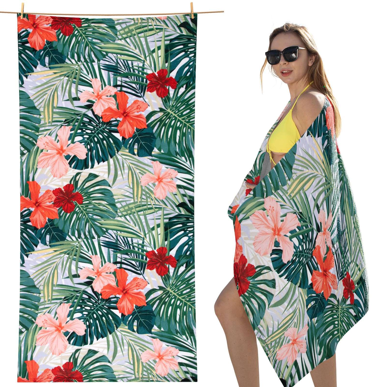 cabanana Sand Free Beach Towel - Large Oversized Beach Towel Sandproof 70x35 Big Microfiber Quick Dry Pool Towel, Thin Lightweight Compact for Travel Swimming Bath for Adults Women Men (Flower) - Image 1