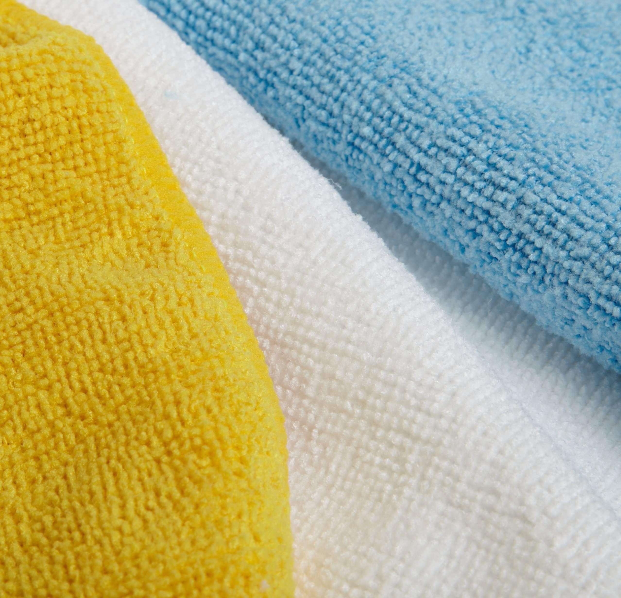 Amazon Basics Microfiber Cleaning Cloths for Cars, Non-Abrasive, Highly Absorbent, Lint and Scratch-Free, Reusable and Washable, 16" x 12", Blue/White/Yellow, 144-Pack - Image 3