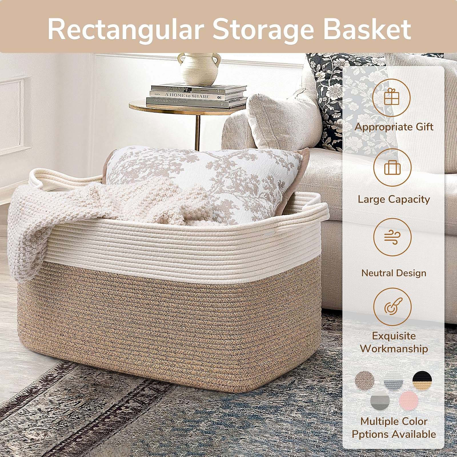 Goodpick Large Woven Blanket Basket, 21.6" x 14.9" x 11.8" Storage Baskets for Organizing, Rectangle Cotton Rope Toy Basket for Living Room, Bedroom, White & Brown - Image 7