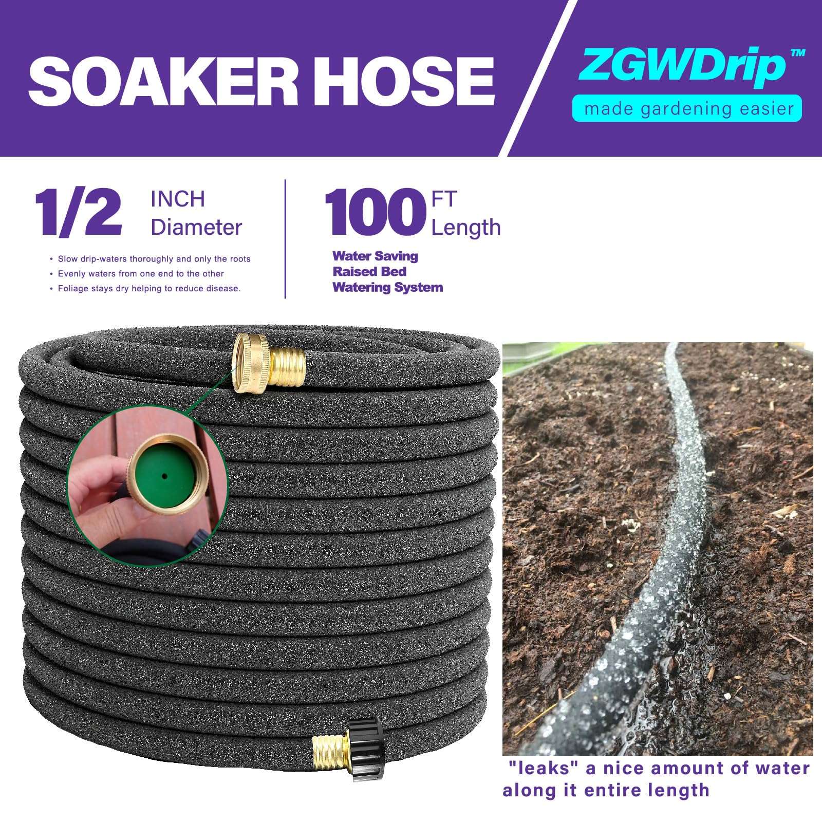 ZGWDrip Soaker Hose 100 FT,1/2 Inch Soaker Garden Hose with 3/4" Solid Brass Connectors - Image 2