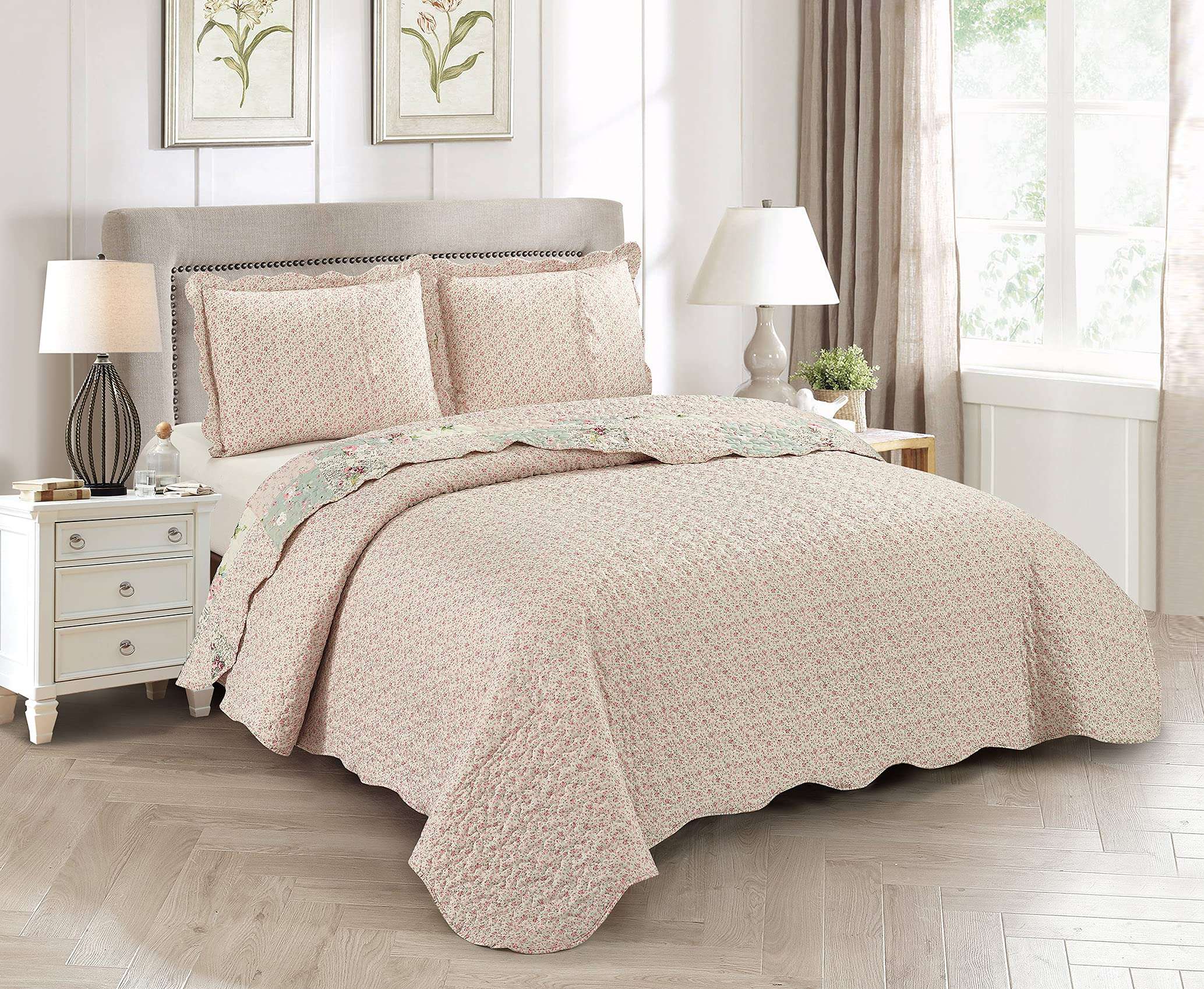 Brilliant Sunshine Rose and Sage Quilt Set, 3-Piece Bedding Sets, Traditional Patchwork Design, Washable and Reversible Bedspread, Soft Lightweight Coverlet, All-Season, Full/Queen, Light Pink Green - Image 5