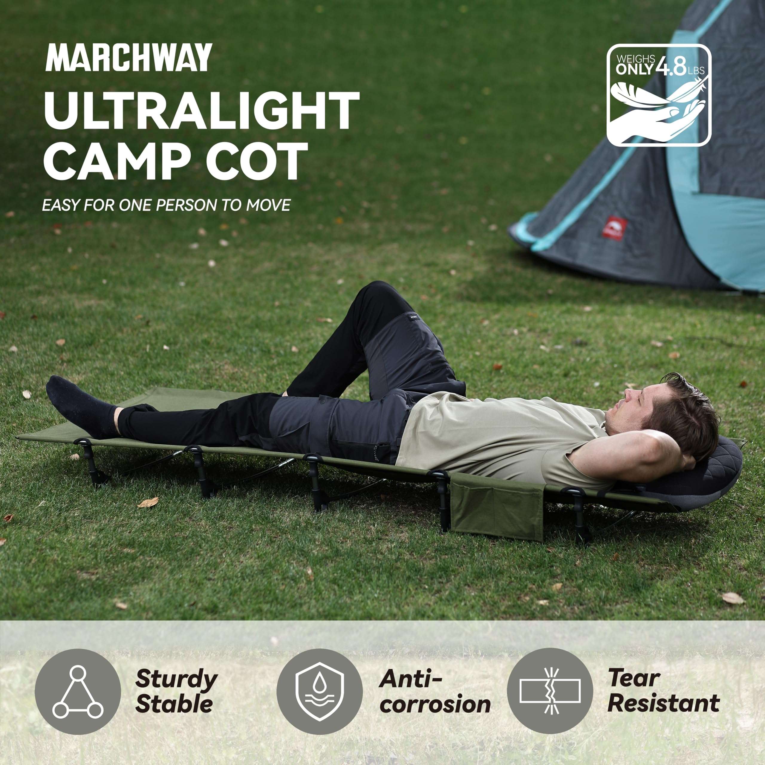 MARCHWAY Ultralight Folding Tent Camping Cot Bed, Portable Compact for Outdoor Travel, Base Camp, Hiking, Mountaineering, Lightweight Backpacking (Army Green) - Image 3