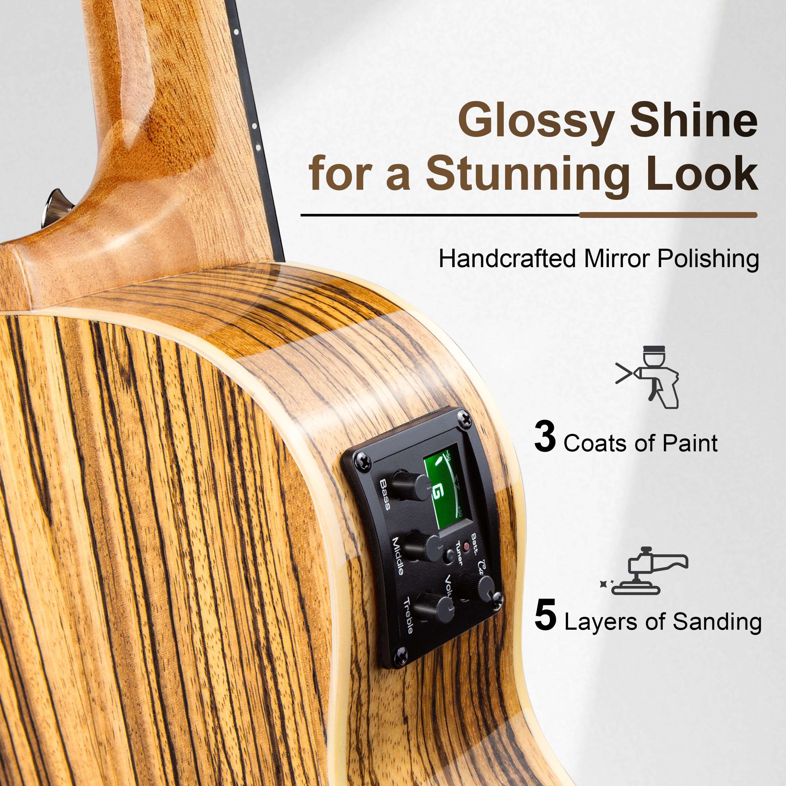 Caramel 30 inch CB103 Zebra wood High Gloss Baritone LCD color display Electric Ukulele Professional Ukelele Kit Beginner Travel Guitar Starter Pack Bundle, Padded Gig Bag, Strap Set - Image 4