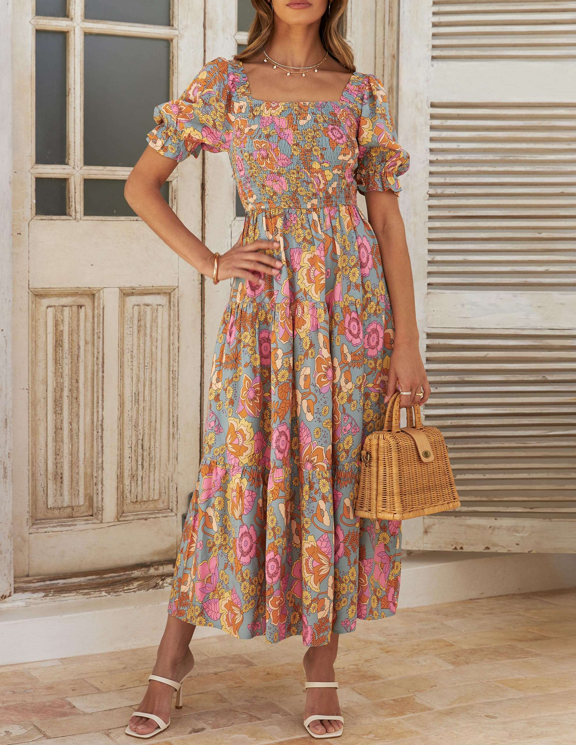ZESICA Women's 2025 Summer Boho Floral Print Square Neck Ruffle Swing Beach Long Maxi Dress - Image 5
