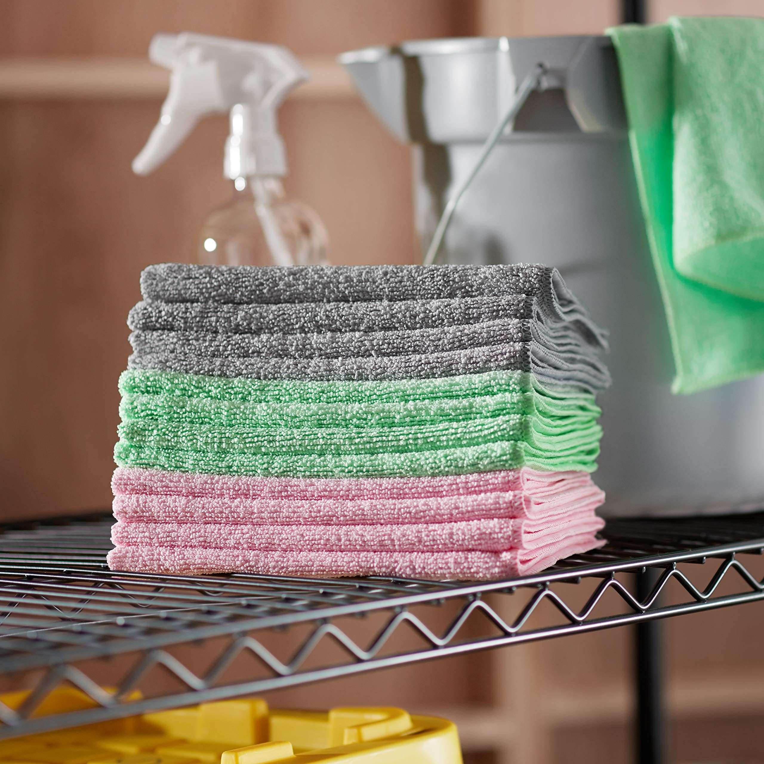 Amazon Basics Microfiber Cleaning Cloths, Ultra Soft and Absorbent, Free from Streaks/Lint/Scratch for Cars, 16" x 12", Green/Gray/Pink, 24-Pack - Image 5