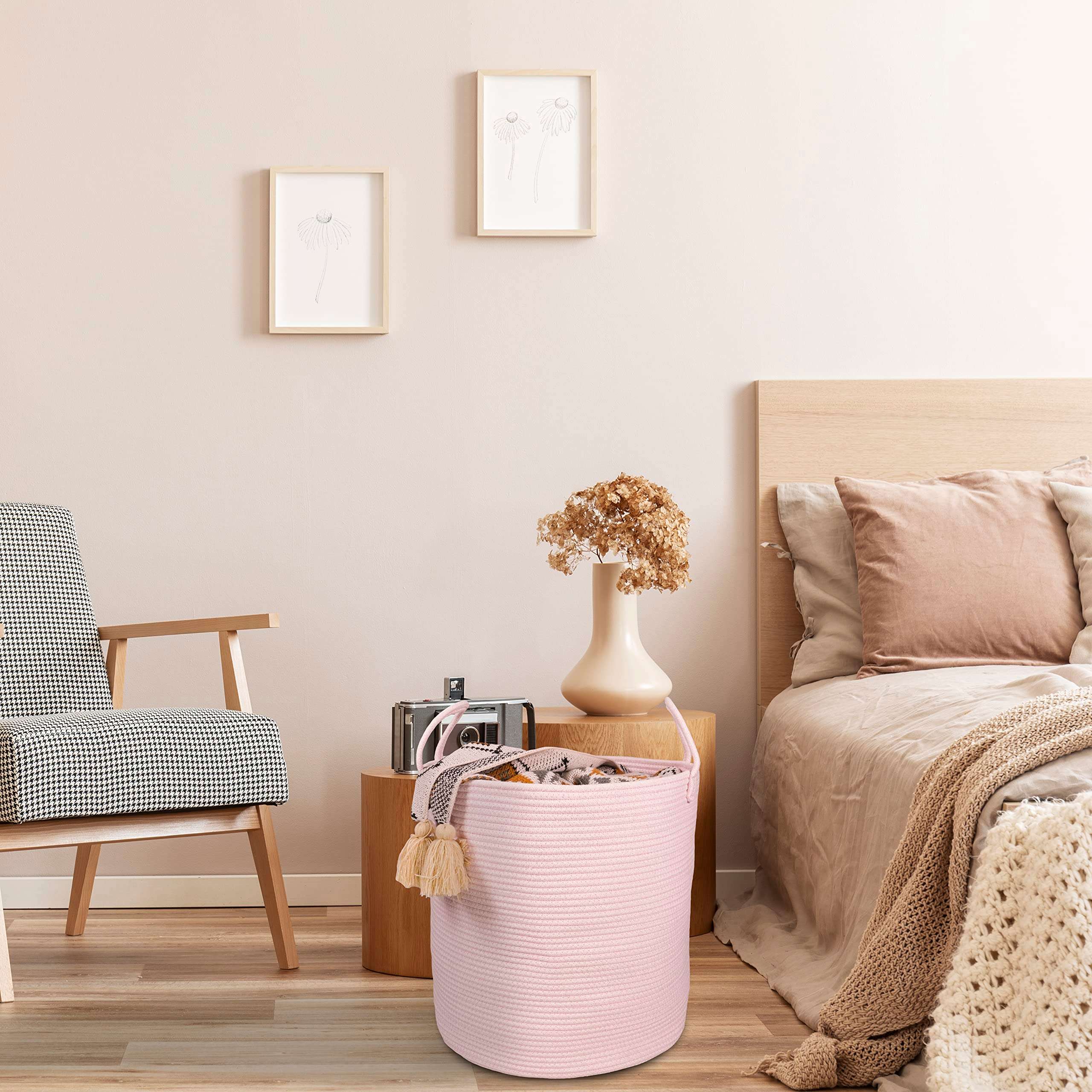 XUANGUO Cotton Rope Laundry Basket Hamper for Girls Kids Baby Nursery Hamper Bin Woven Storage Basket for Living Room Girls room Boho Tall Rope Baskets for Blanket Toys Large light pink - Image 5