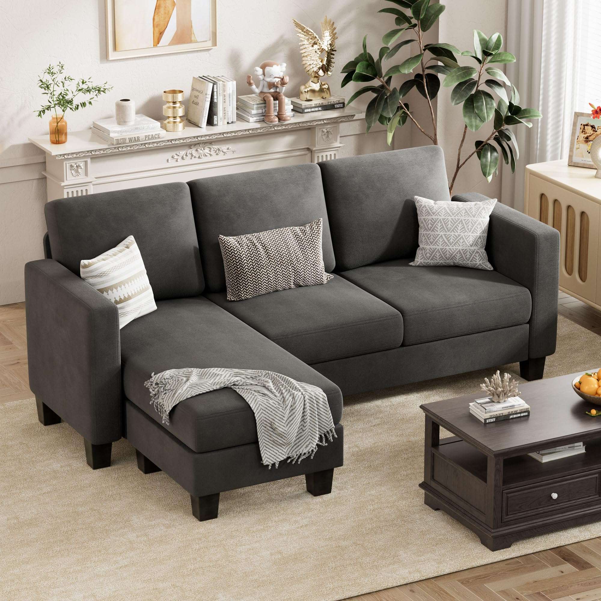 VICTONE Convertible Sectional Sofa Couch, 3 Seat L-Shaped Sofa with Linen Fabric Ottoman Small Couch for Small Apartments, Living Room and Office (Linen Fabric, Dark Gray) - Image 1