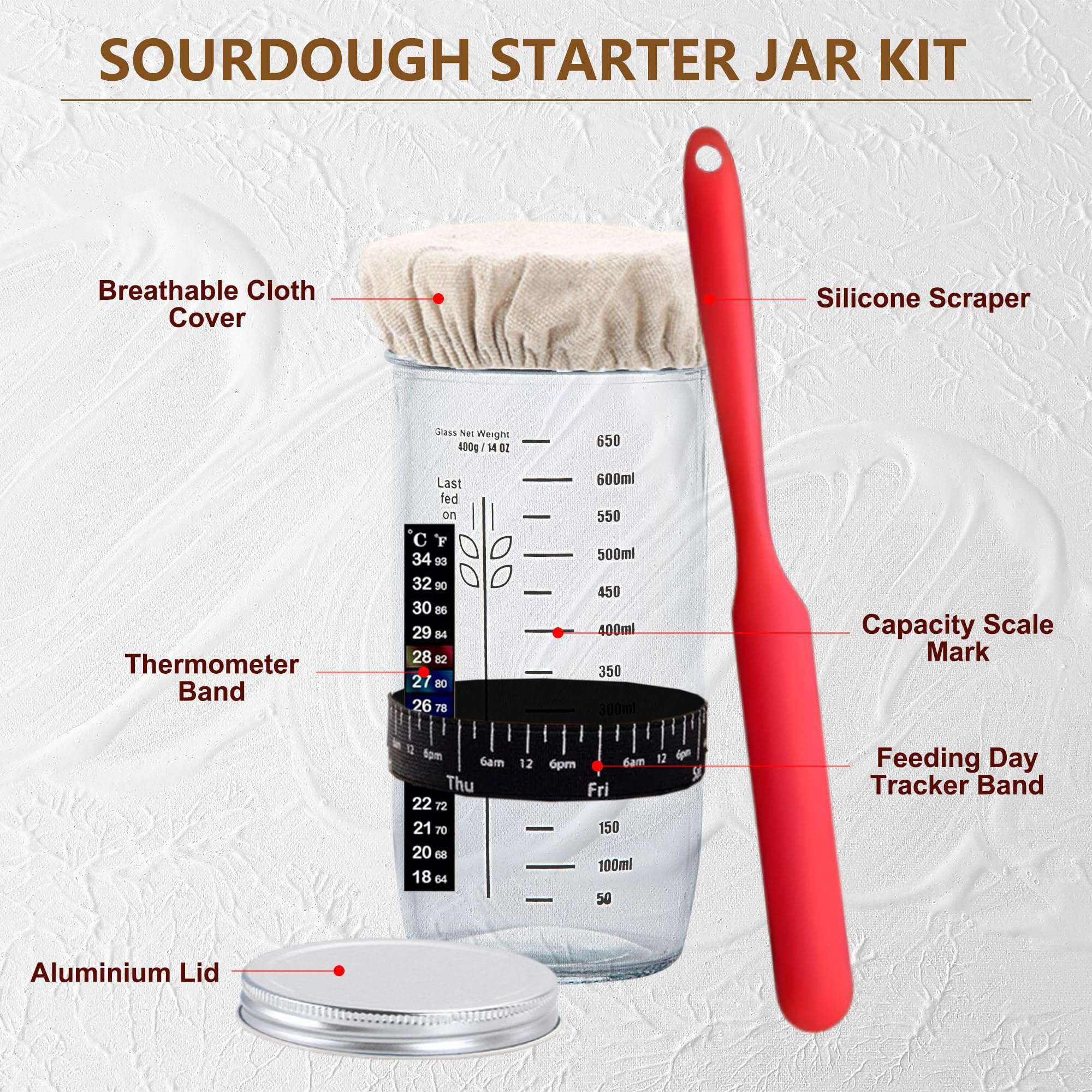 Complete Sourdough Starter Kit, Banneton Bread Proofing Basket with Glass Sourdough Starter Jar, Sourdough Bread Baking Supplies, 9'' Round Bread Proofing Basket, for Bread Making Baking Fermentation - Image 3