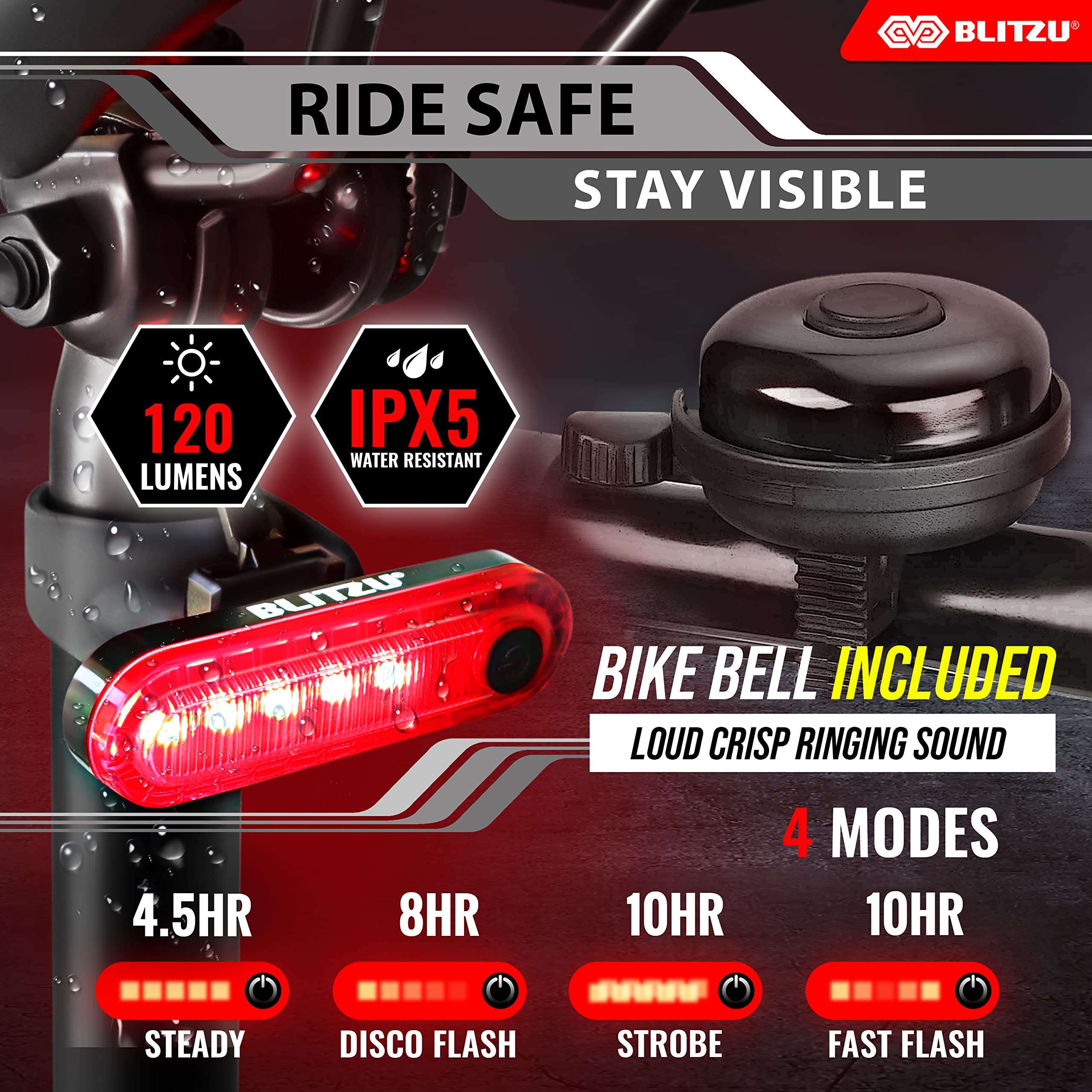 BLITZU Bike Lights, Super Bright Bicycle USB-C Rechargeable Headlight, Taillight & Bell Set, Waterproof Safety Front & Rear Back light for Night Riding, Easy to Install for Men Women Kids Road Cycling - Image 4