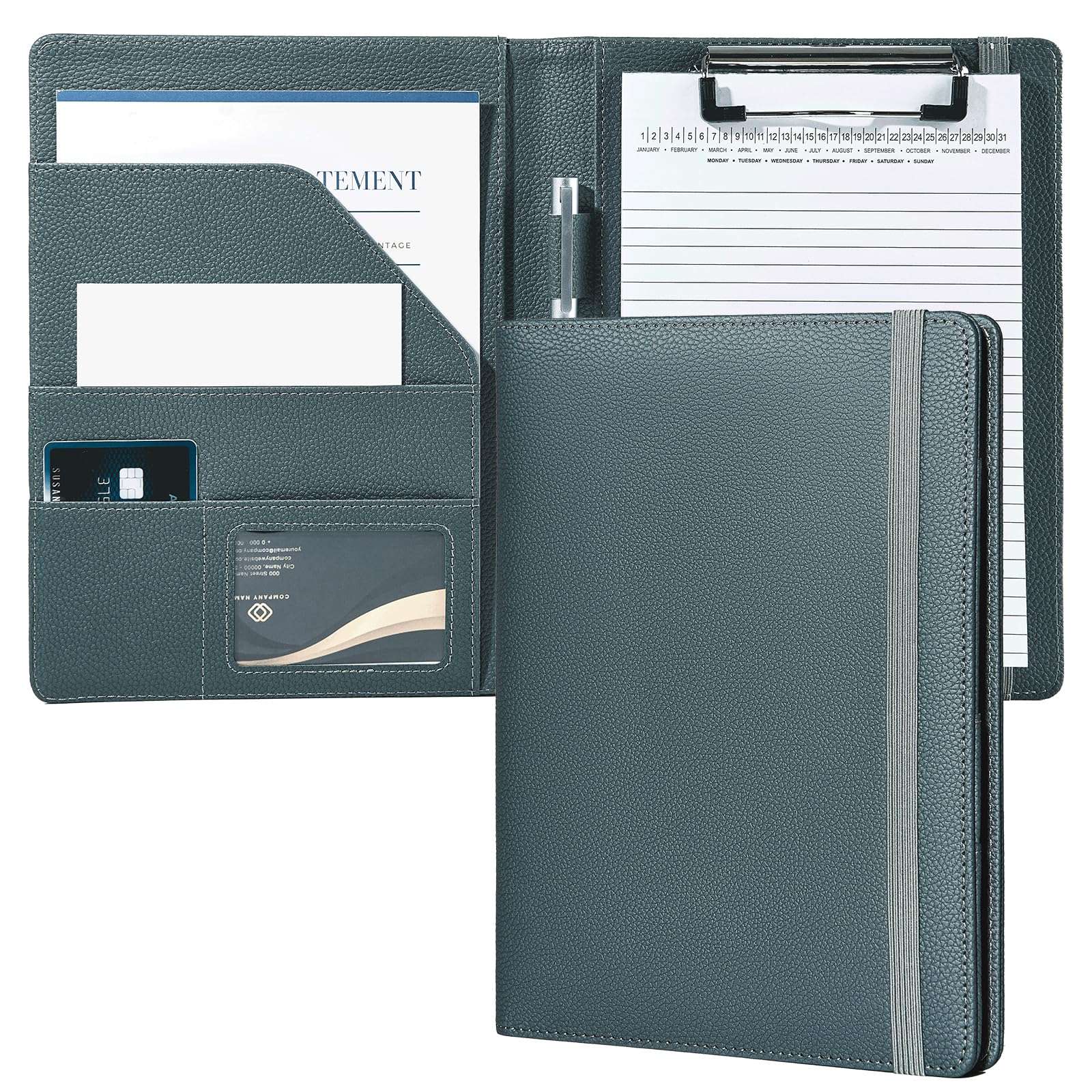Mymazn Junior Padfolio Portfolio Folder, Small A5 Clipboard with Cover for 5'' x 8'' Writing Pad Notepad Holder Legal Pad Holder for Business School Office Men Women (Grey Green) - Image 1