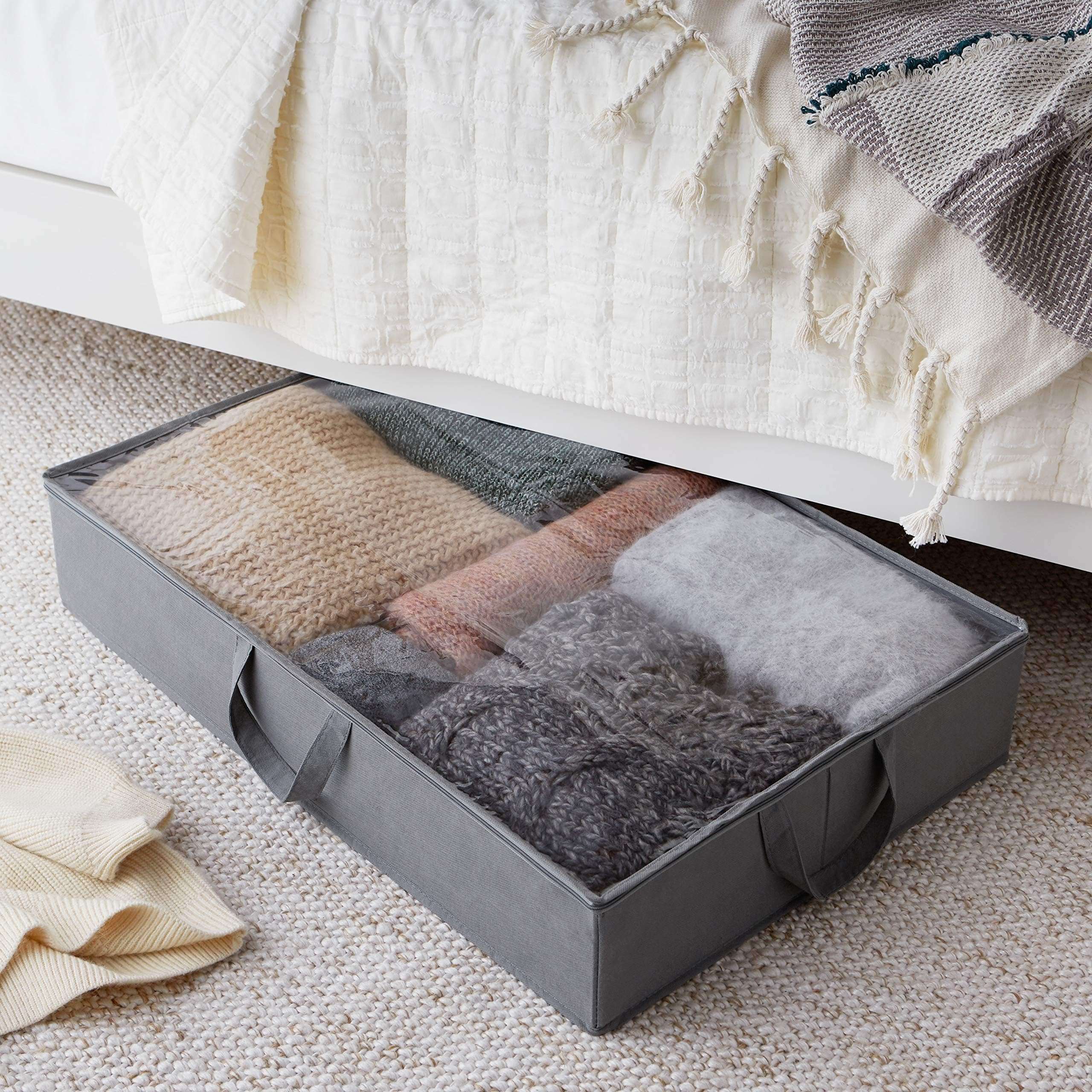 Amazon Basics Under Bed Fabric Zipper Blanket Storage Container Bags with Window and Handles, 2-Pack, 18 x 42 x 6 inches, Gray - Image 2