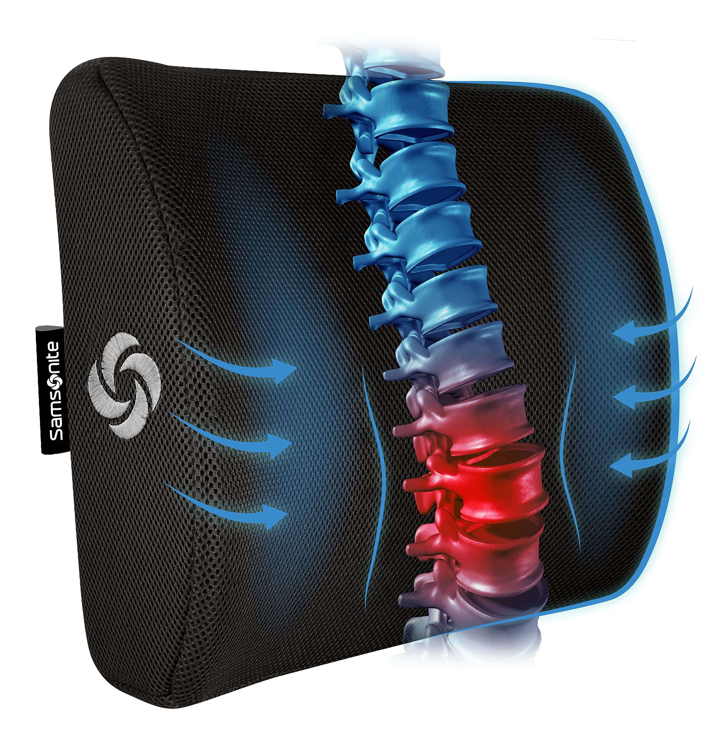 Samsonite Ergonomic Lumbar Support Pillow for Office Chair, Gaming Chair, or Car, Memory Foam Cushion with Ventilated Mesh and Adjustable Strap - Image 1