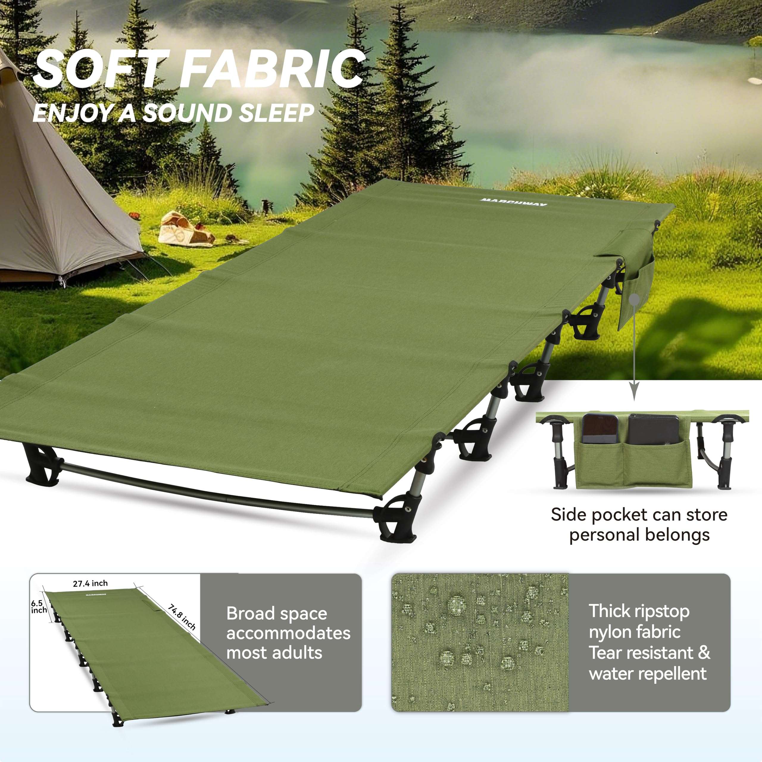 MARCHWAY Ultralight Folding Tent Camping Cot Bed, Portable Compact for Outdoor Travel, Base Camp, Hiking, Mountaineering, Lightweight Backpacking (Army Green) - Image 4
