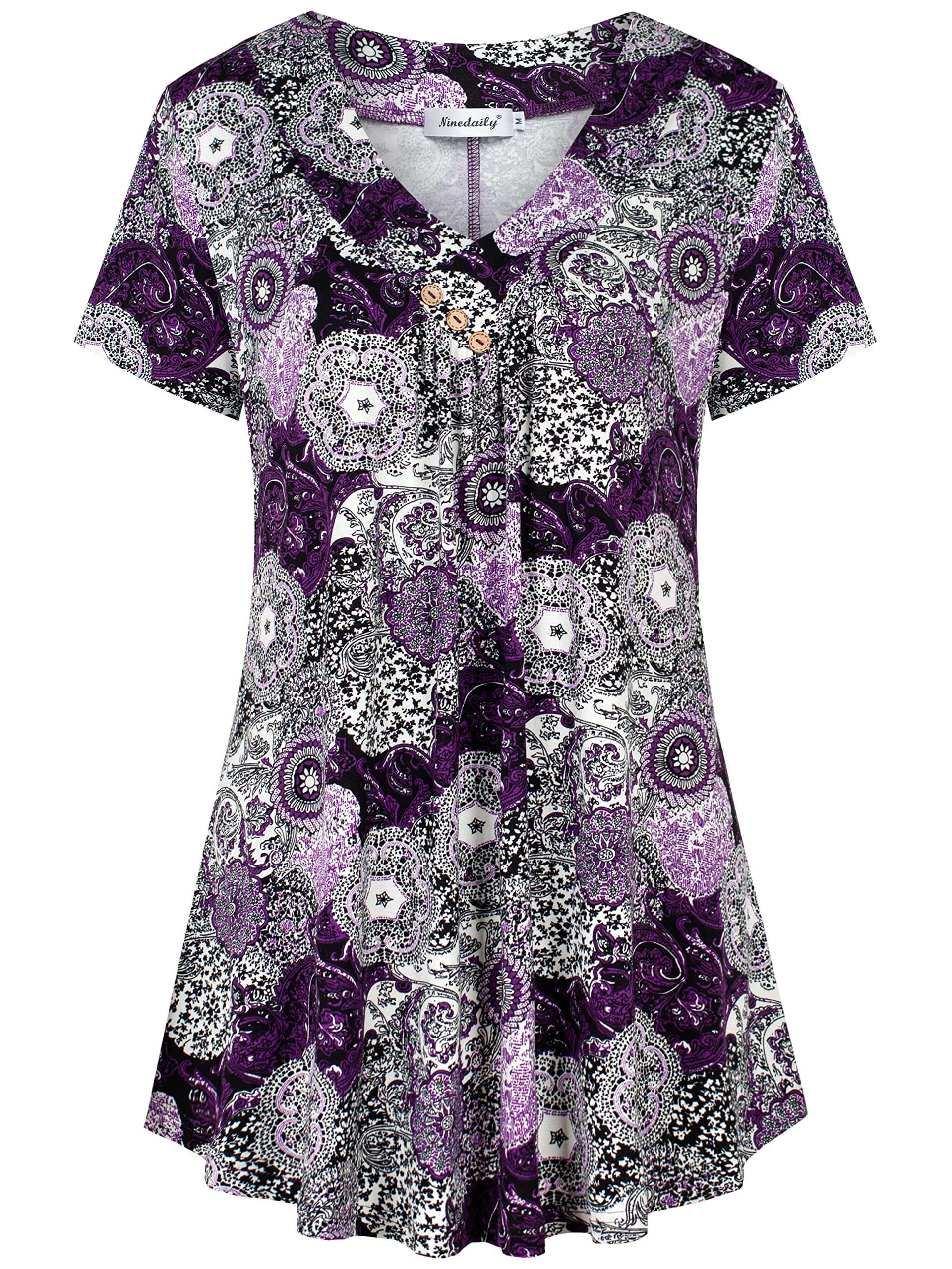 Ninedaily Women's Tunic Summer Short Sleeve Top Loose V Neck Dressy Shirt Blouse - Image 1