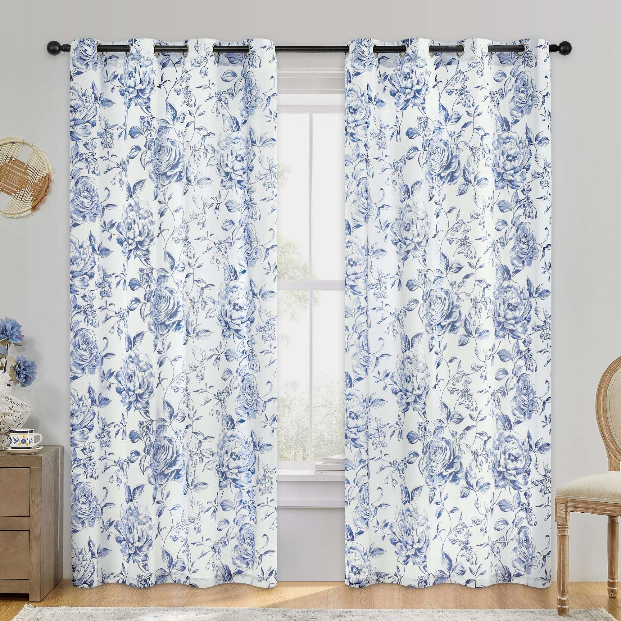 Beauoop Floral Curtains 84 Inches Long 2 Panels for Bedroom Living Room Blue Rose Flower Patterned Farmhouse Light Filtering Room Darkening Privacy Grommet Top Window Treatments Drapes, 50X84 - Image 1
