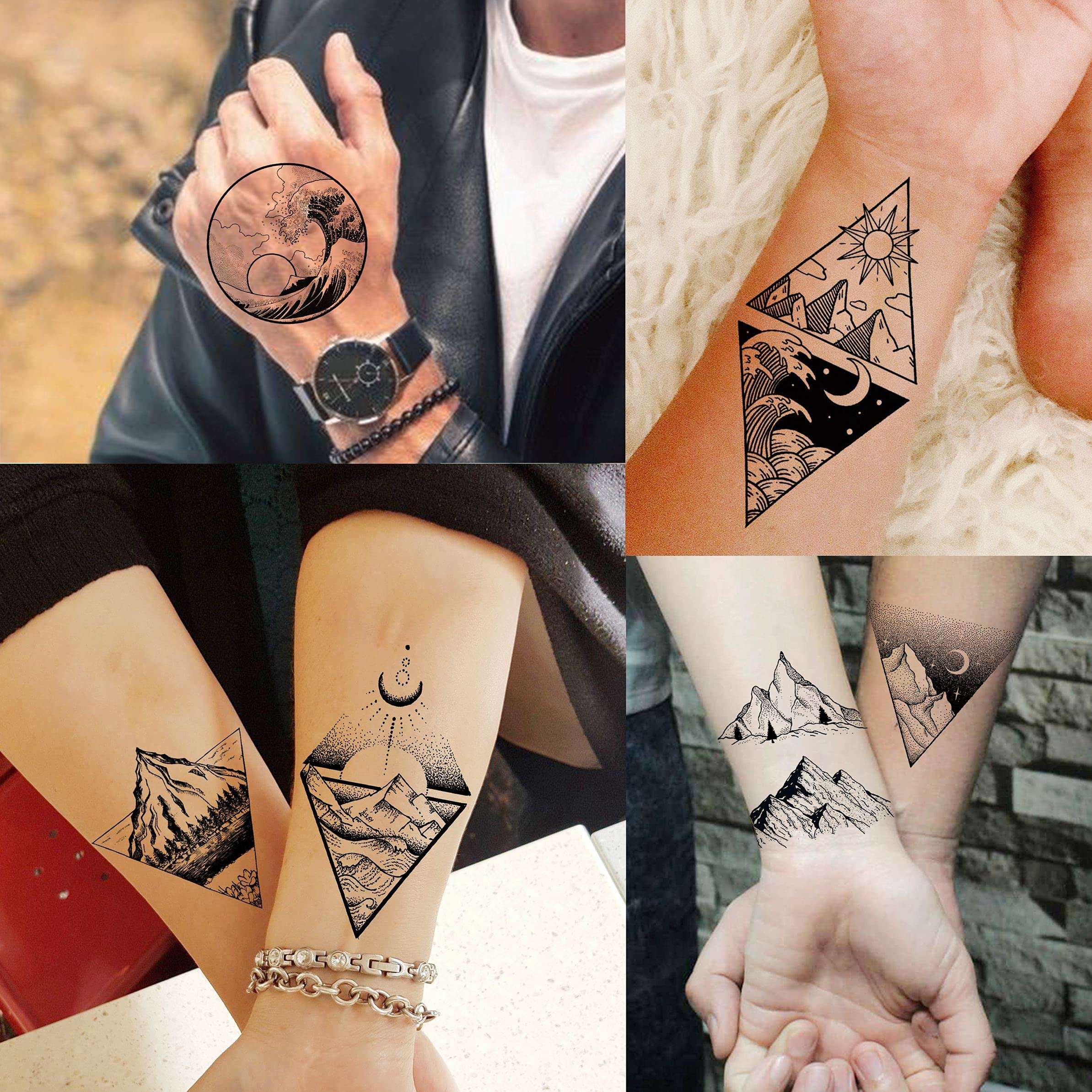 GOROMON 52 Sheets Small Black Mountain Temporary Tattoos For Men Women Adult, Geometric Sea Weave Forest Pine Tree Realistic Tattoo Sticker For Kids Children, Moon Sun Star Triangle Tatoos Outer Space - Image 6