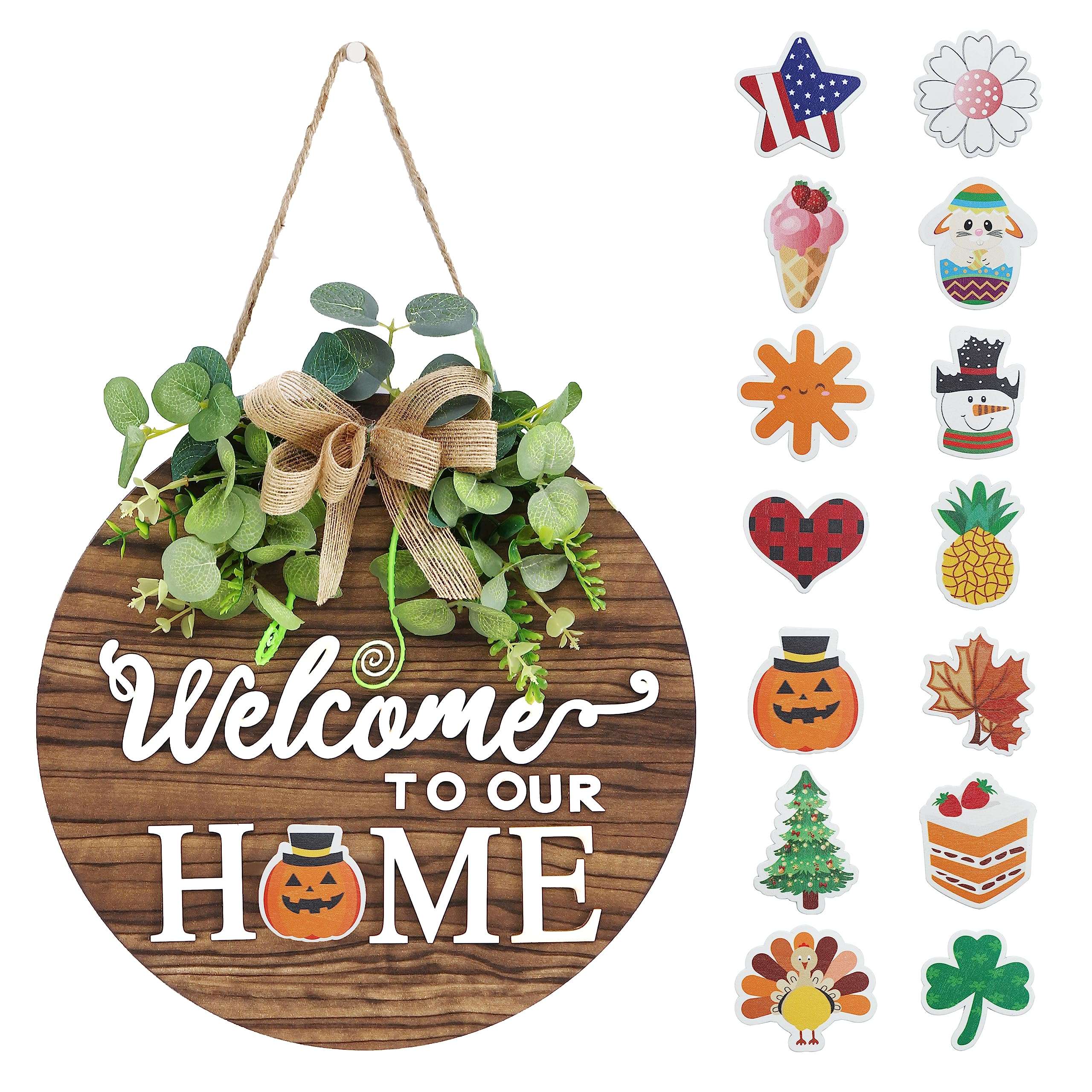 Interchangeable Seasonal Welcome Sign Front Door Decoration, Rustic Round Wood Wreaths Wall Hanging Outdoor, Farmhouse, Porch, for Spring Summer Fall All Seasons Holiday Halloween Christmas. - Image 1
