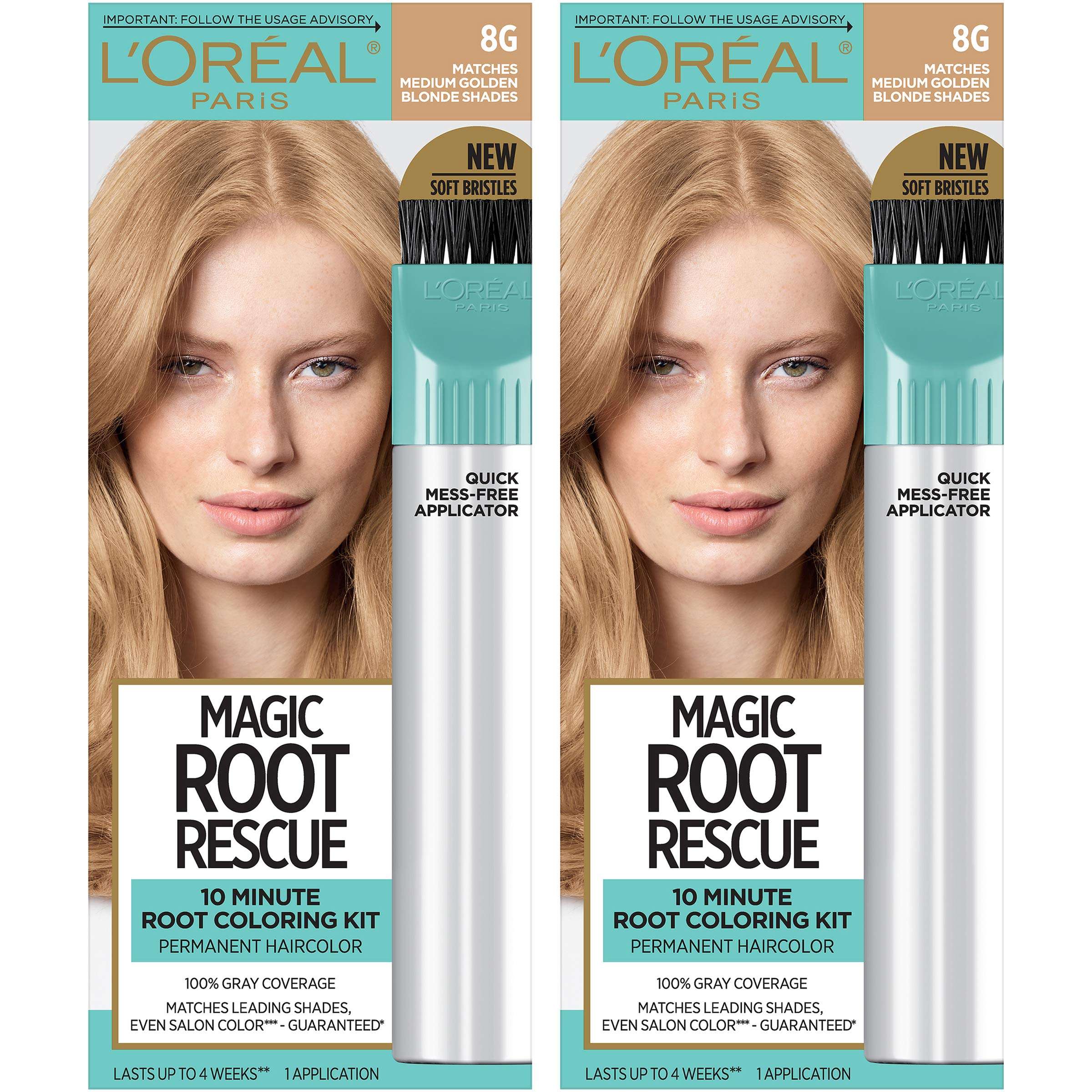 L'Oreal Paris Magic Root Rescue 10 Minute Root Hair Coloring Kit, Permanent Hair Color with Quick Precision Applicator, 100% Gray Coverage, 8G Medium Golden Brown, 2 count - Image 1