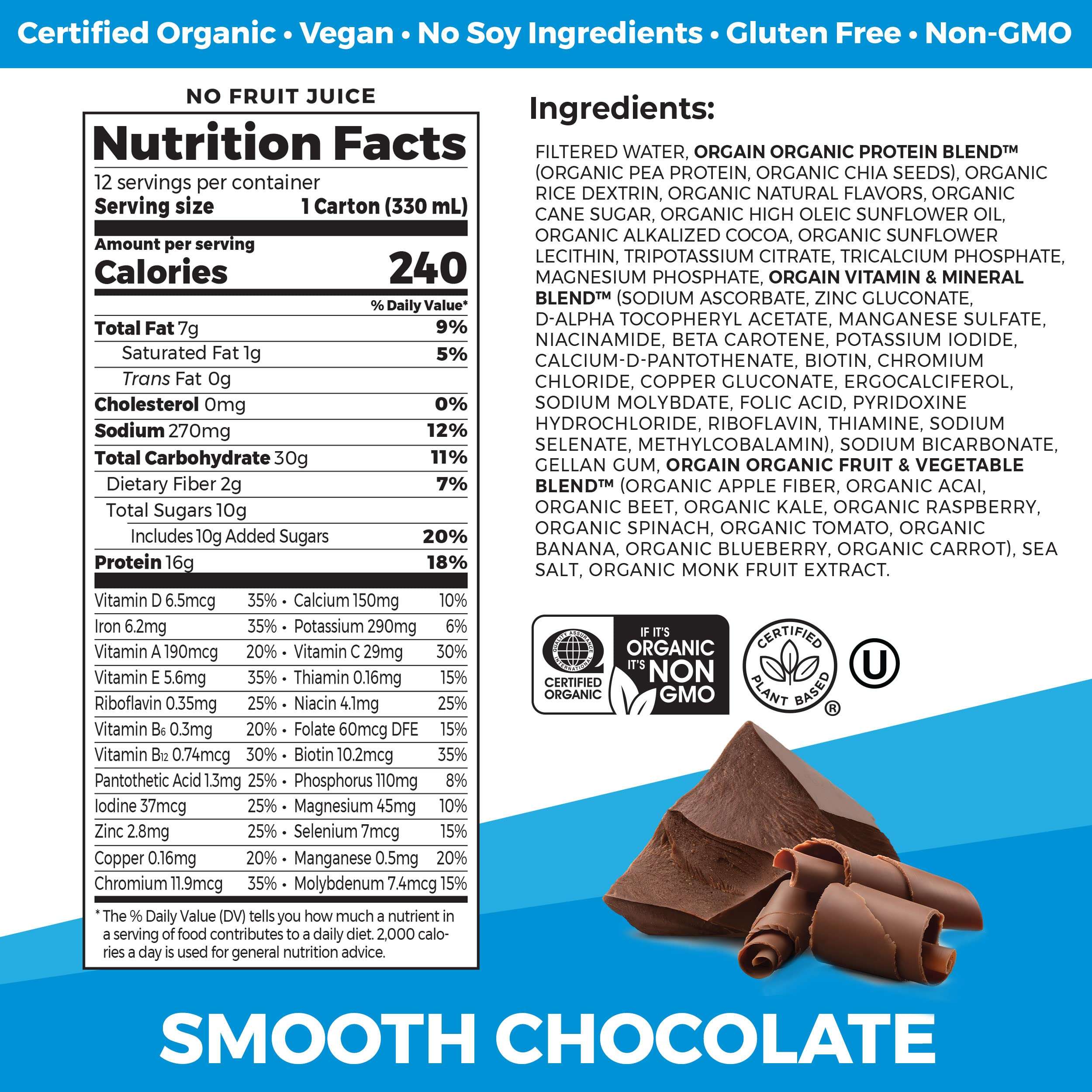 Orgain Organic Nutritional Vegan Protein Shake, Smooth Chocolate - 16g Plant Based Protein, Meal Replacement, 22 Vitamins & Minerals, Fruits & Vegetables, Gluten Free, Non-GMO, 11 Fl Oz (Pack of 12) - Image 2