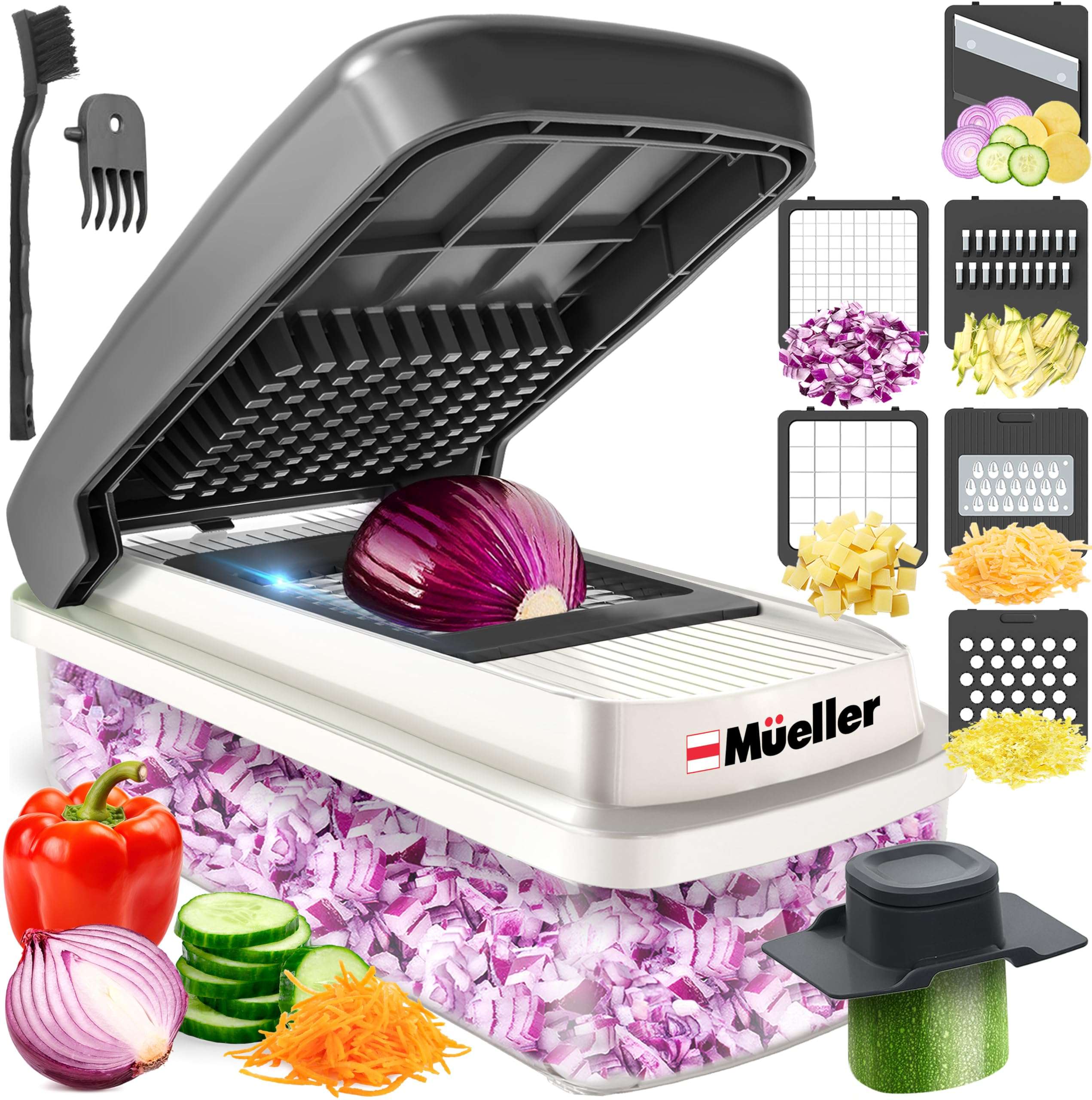 Mueller Vegetable Chopper Mandoline Slicer, Food Veggie Chopper, Cheese Grater, Onion Vegetable Cutter with Container, Dicer, Kitchen Gadgets & Essentials, White Sand/Grey - Image 1