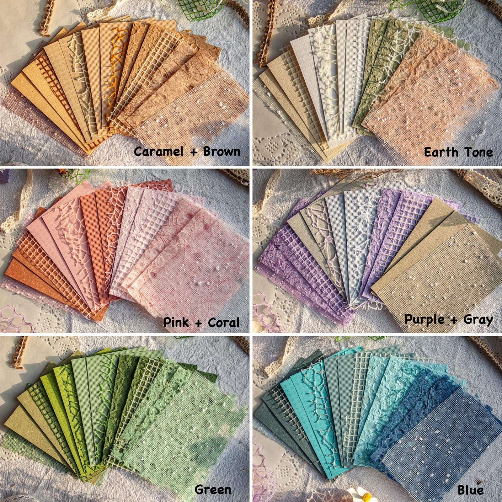 96 Sheets Textured Scrapbook Paper and Mesh Fabric Assorted Set - 6 Pack Mixed Special Paper for Scrapbooking Planner Bullet Junk Journal Supplies Mixed Media Collage Card Embellishments 3.9x5.5 Inch - Image 3
