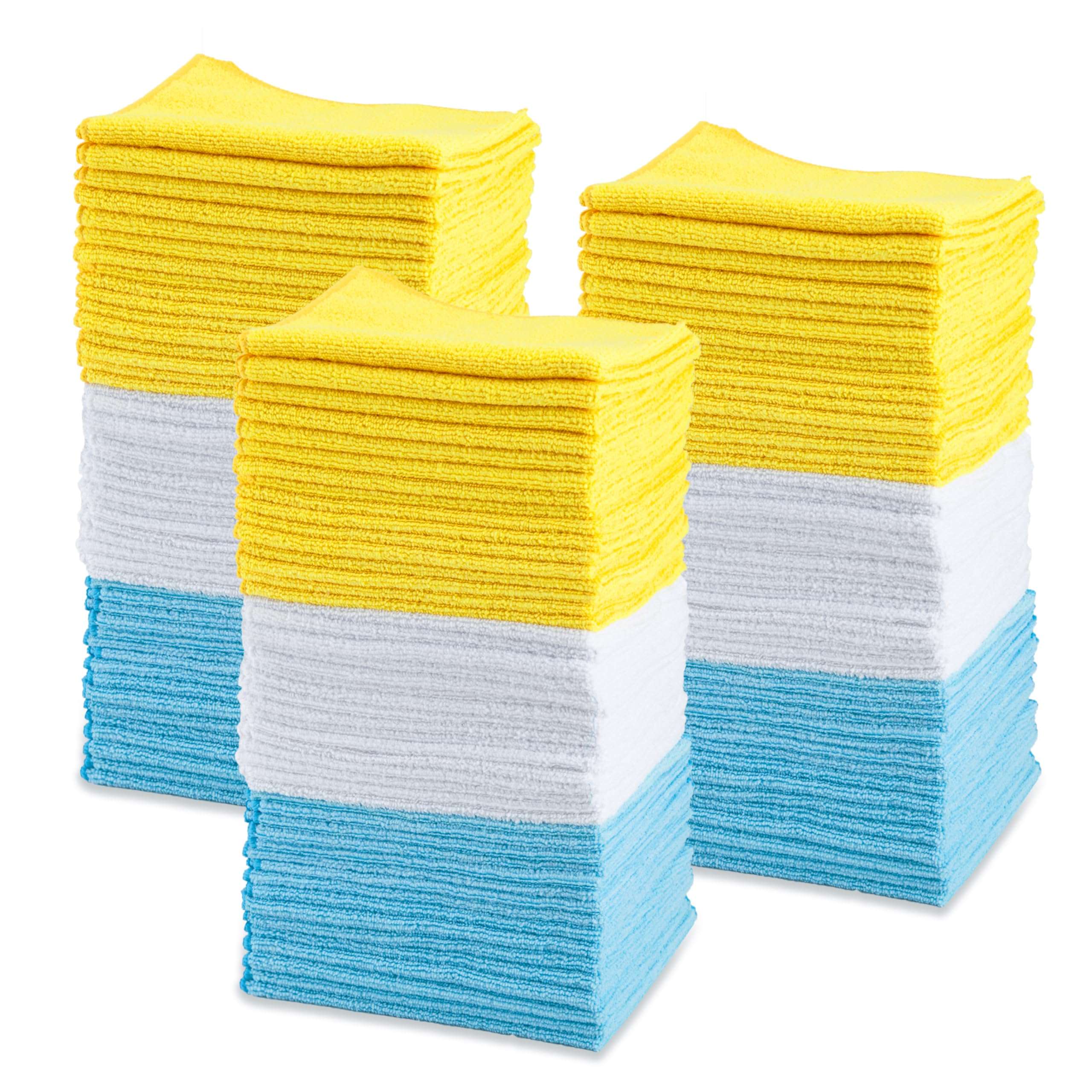 Amazon Basics Microfiber Cleaning Cloths for Cars, Non-Abrasive, Highly Absorbent, Lint and Scratch-Free, Reusable and Washable, 16" x 12", Blue/White/Yellow, 144-Pack - Image 1