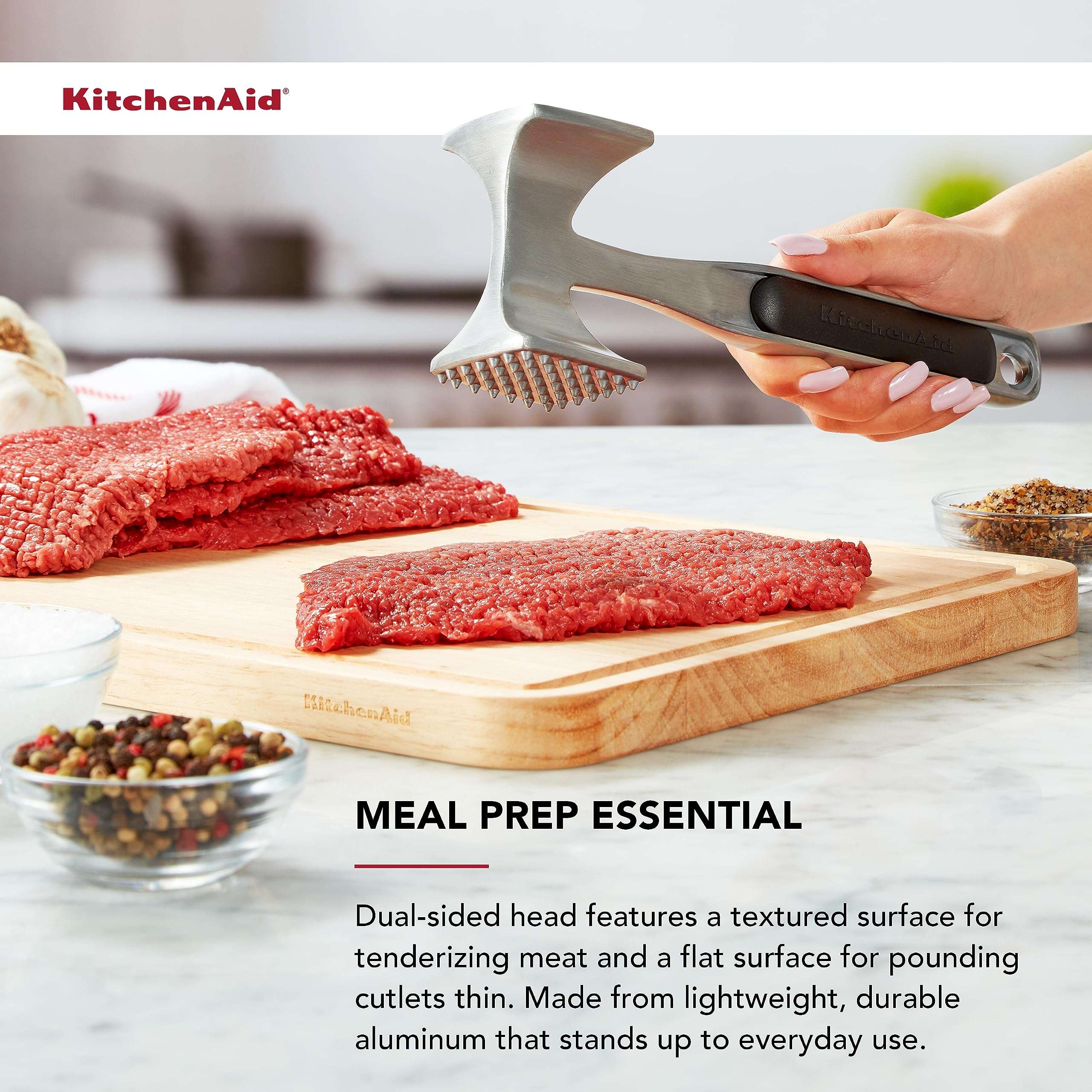 KitchenAid Gourmet Multi Sided Meat Tenderizer for Pounding Meats, Nuts, Shellfish, ect, Hang Hole for Easy Storage, Hand Wash, One Size, Black - Image 5