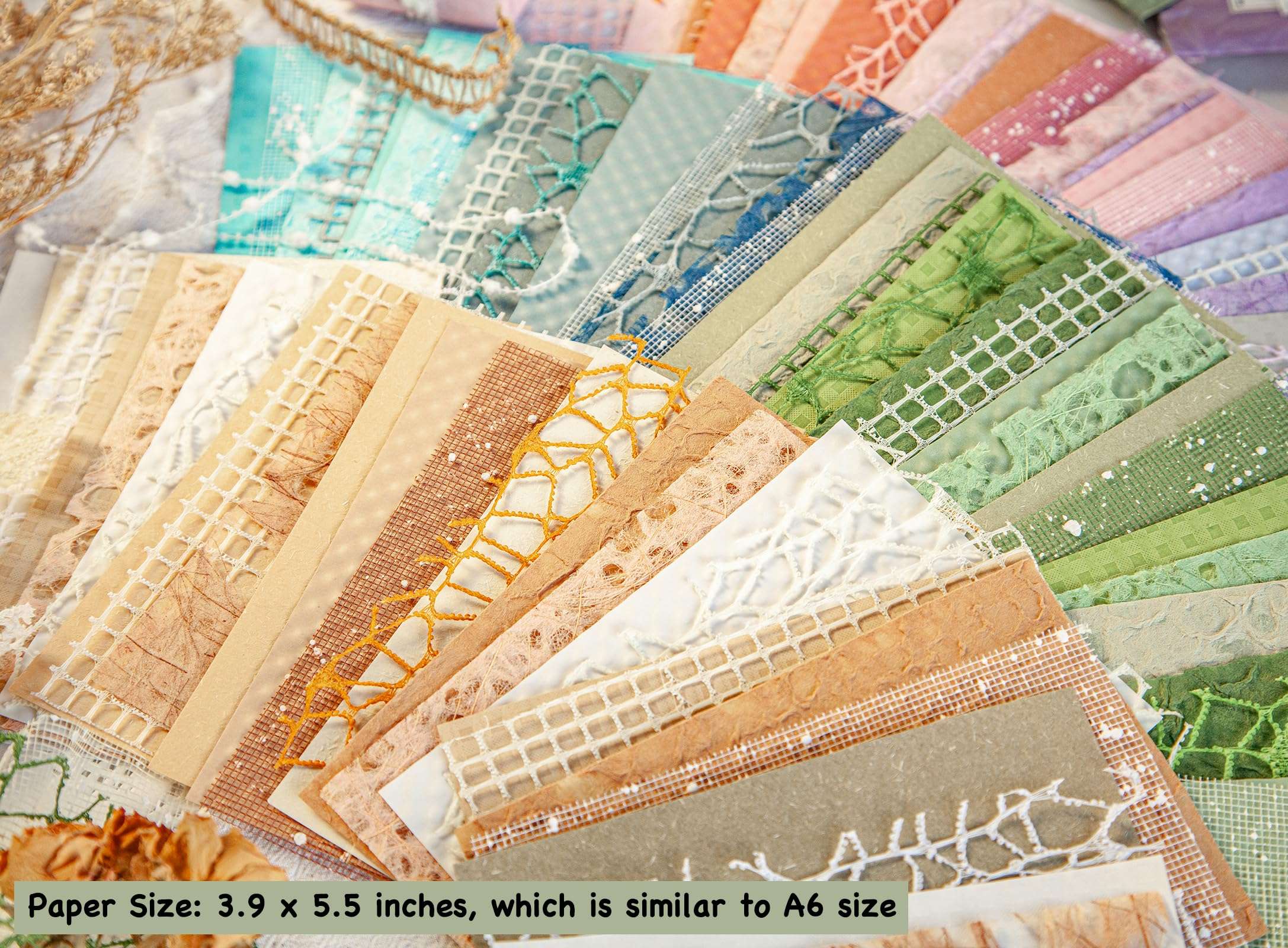 96 Sheets Textured Scrapbook Paper and Mesh Fabric Assorted Set - 6 Pack Mixed Special Paper for Scrapbooking Planner Bullet Junk Journal Supplies Mixed Media Collage Card Embellishments 3.9x5.5 Inch - Image 4