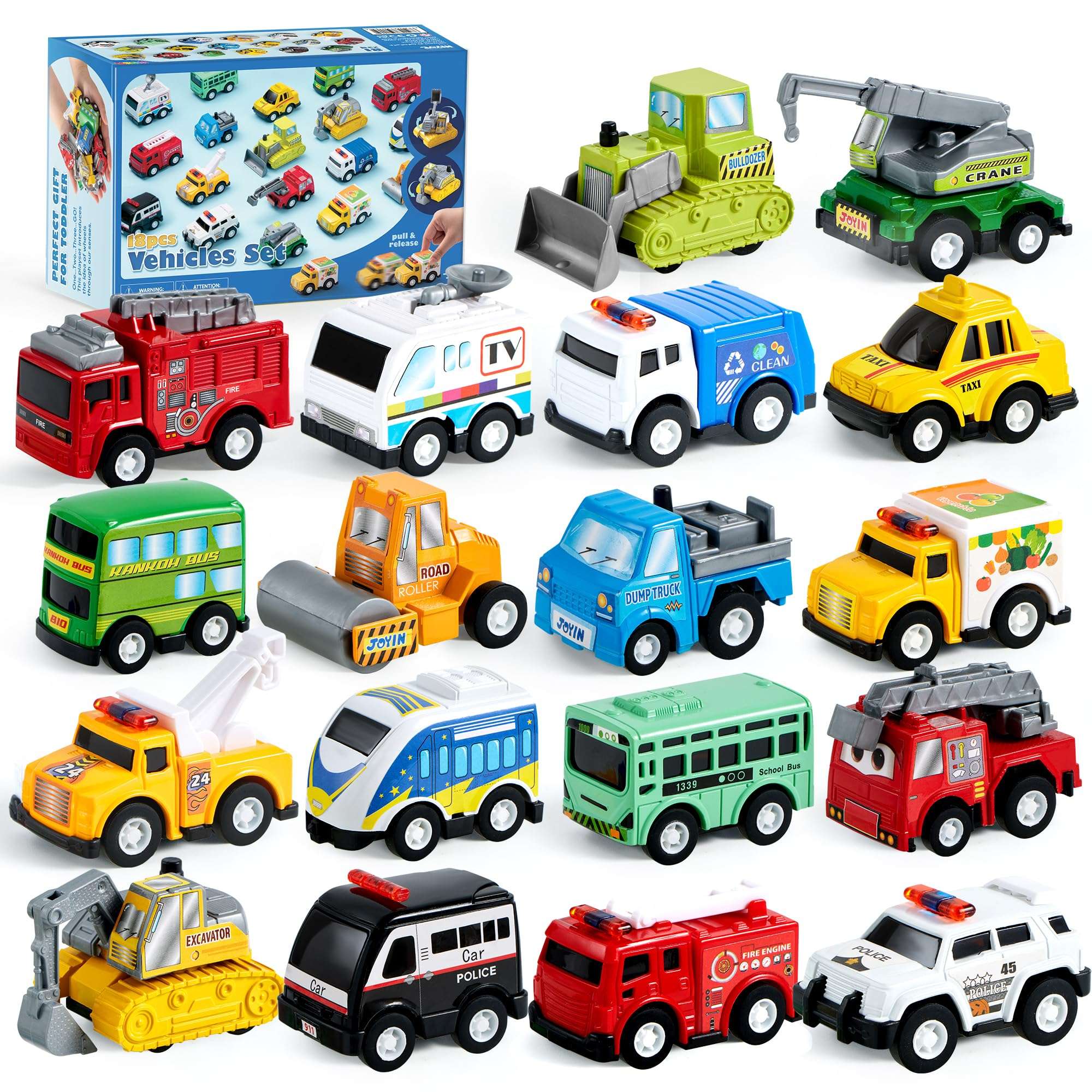 JOYIN 18 Pcs Pull Back City Cars and Trucks Toy Vehicles Set, Friction Powered Cars Toys for Toddlers, Boys, Girls’ Educational Play, Kids Stocking Stuffers, Treasure Box Gifts for Classroom - Image 1