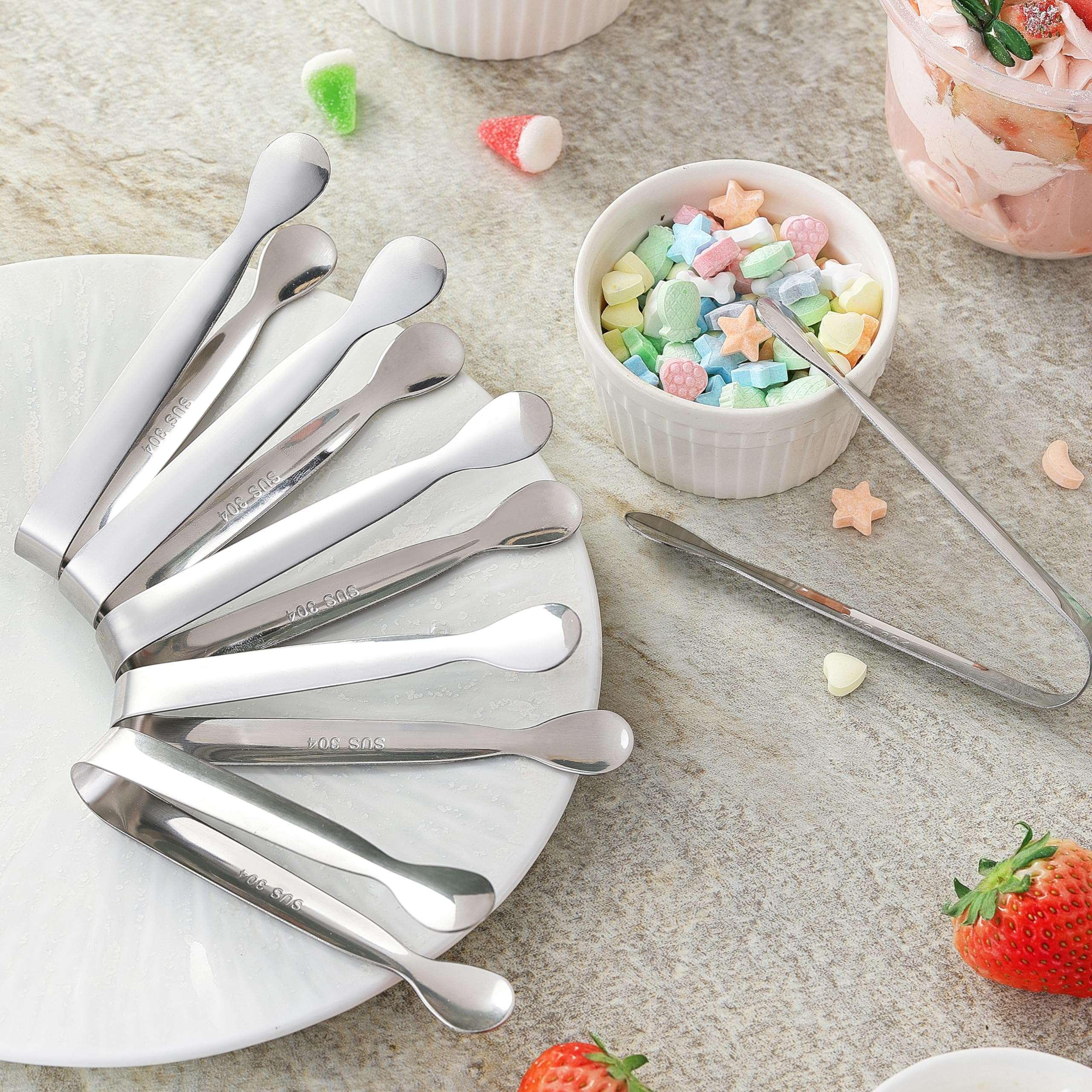 6PCS Mini Small Tiny Tongs, 4.25Inch Kitchen Metal Stainless Steel Small Tongs for Serving Food, Ice, Salad, Toaster, Desserts, Appetizers and Charcuterie Board (6 Pack, Silver) - Image 7