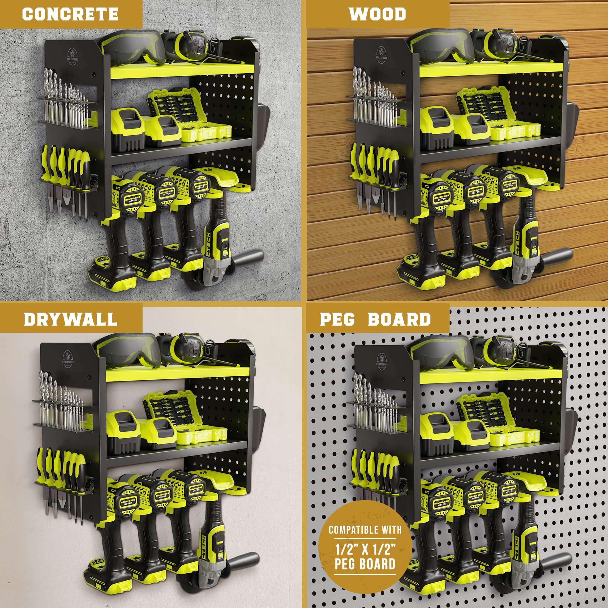 BUILTSTRONG Heavy-Duty Metal Tool Storage Rack - 3-Tier Wall Mount Organizer, Drill Holder, Utility Racks, PegBoard Side, Garage Storage (Green) - Image 6