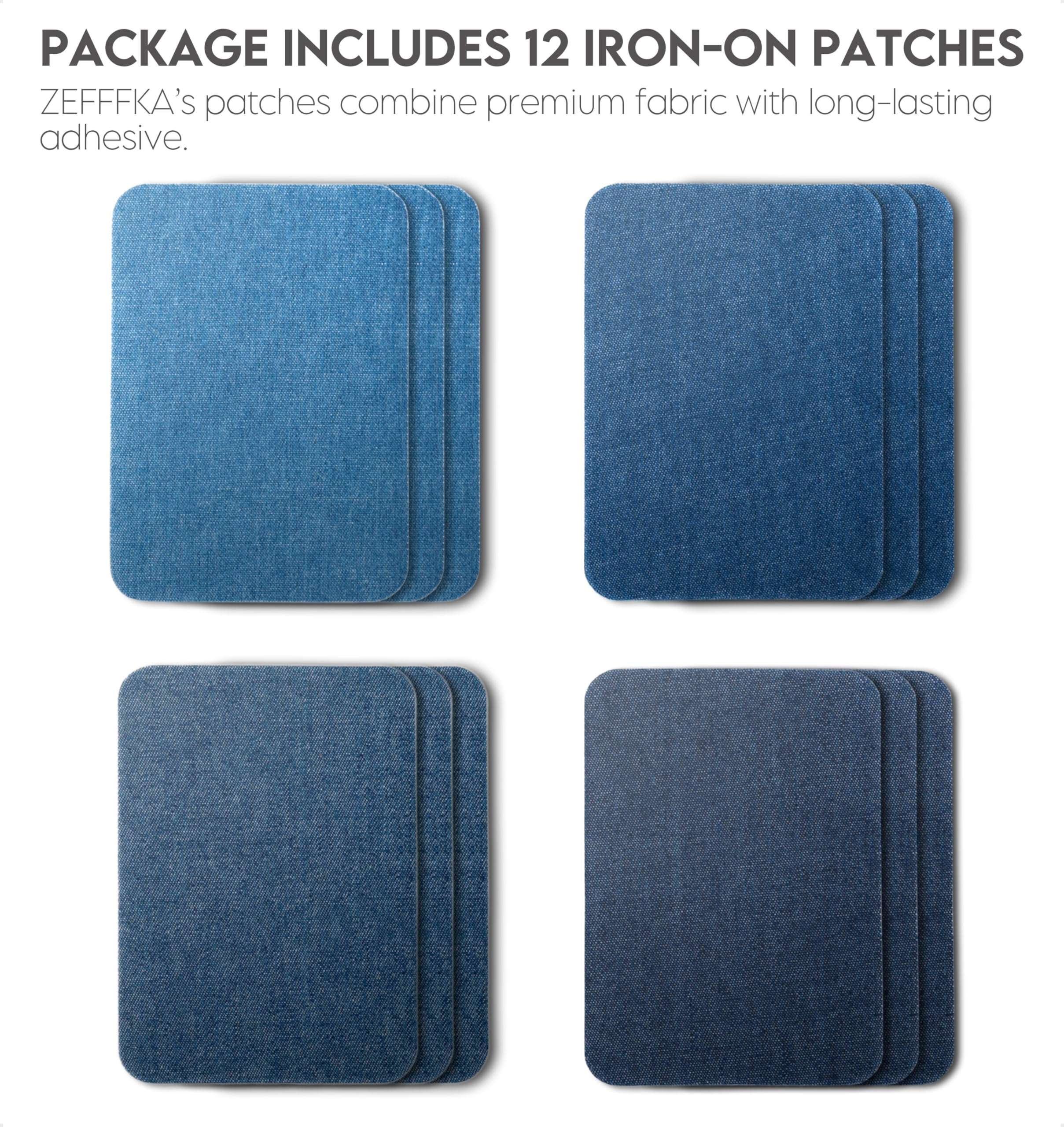 ZEFFFKA Denim Iron-on Patches Inside & Outside Strongest Glue 100% Cotton Black and White Repair Decorating Kit 12 Pieces Shades of Blue Size 3" by 4-1/4" (7.5 cm x 10.5 cm) - Image 4