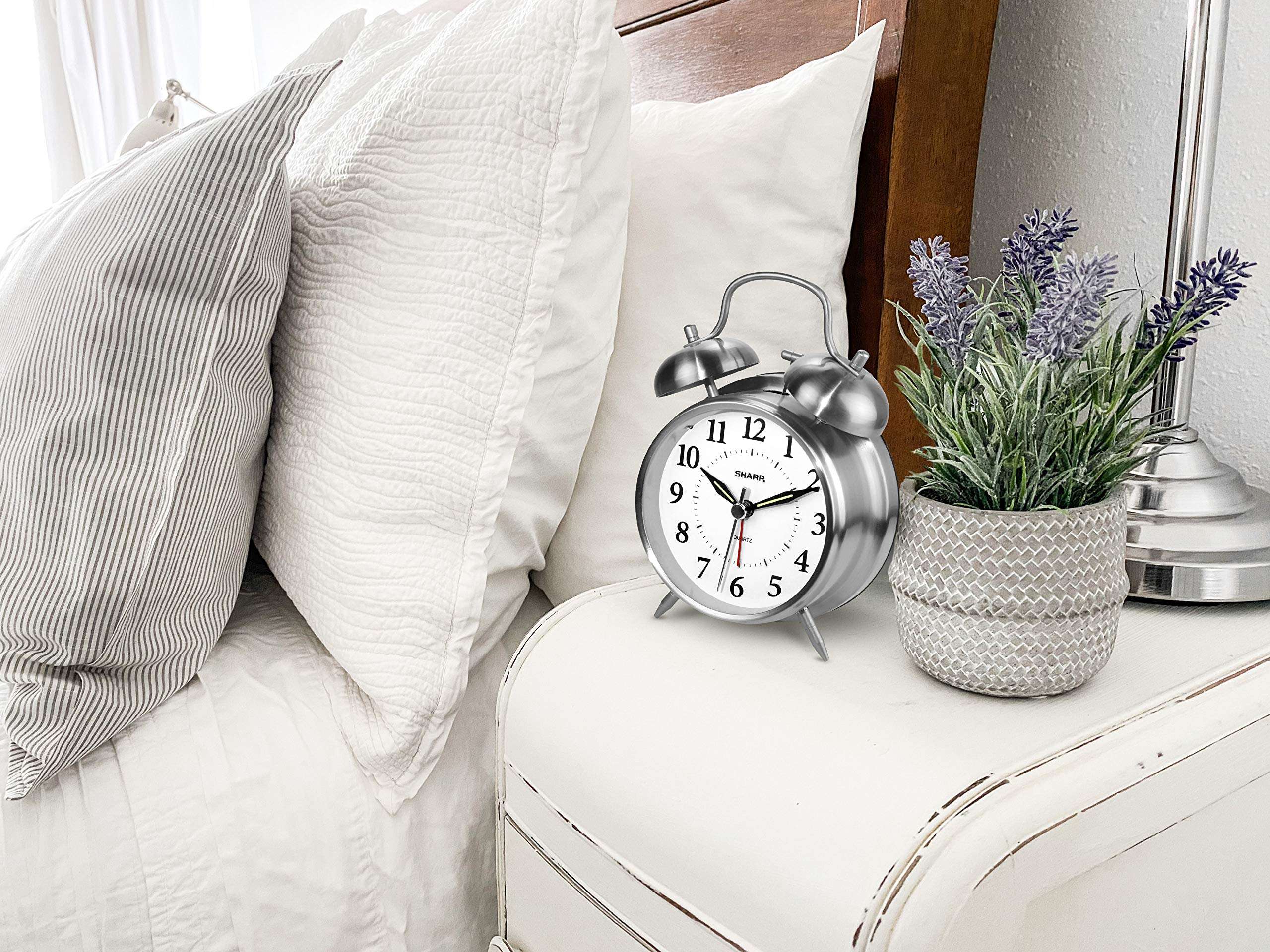 Sharp Twin Bell Alarm Clock - Loud Alarm - Great for Heavy Sleepers - Battery Operated Quartz Analog Clock (Brushed Silver) - Image 2