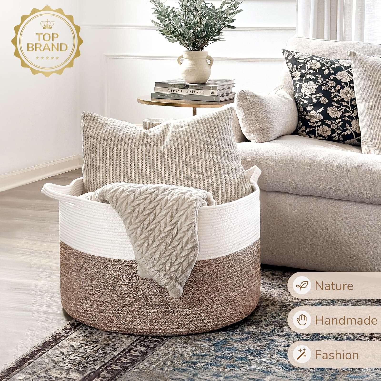 INDRESSME XXXLarge Cotton Rope Basket 21.7" x 21.7" x 13.8" Woven Baby Laundry Blanket Basket Toy Baskets with Handle Storage Comforter Cushions Thread Laundry Hamper Home Decor Living Room - Image 2