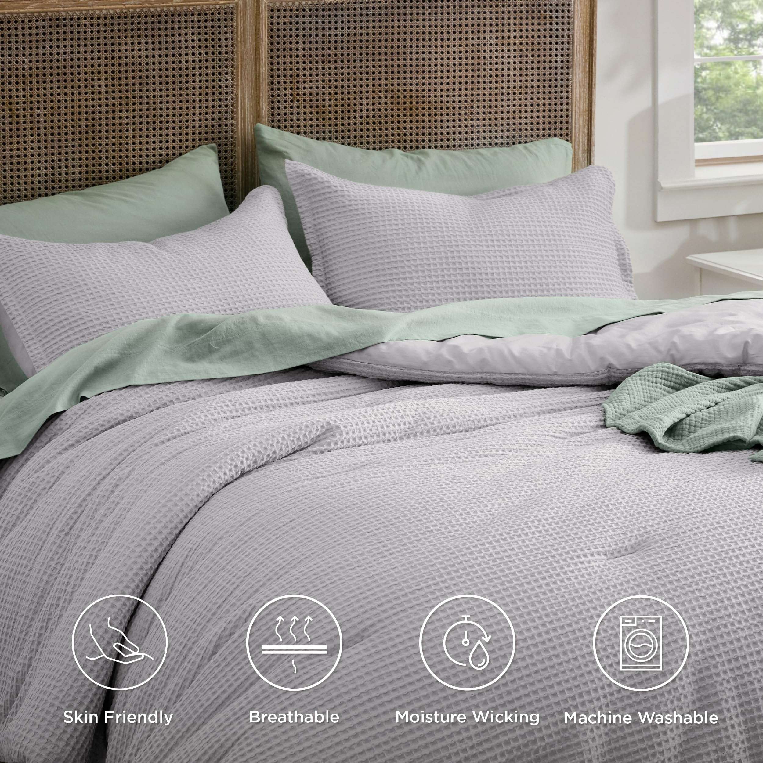 Bedsure Waffle Comforter Set Queen, Grey Soft Bedding, Waffle Weave Bed Set, 3 Pieces, 1 Comforter (90"x90") and 2 Pillow Shams, Cotton Shell and Polyester Lining for All Seasons - Image 4