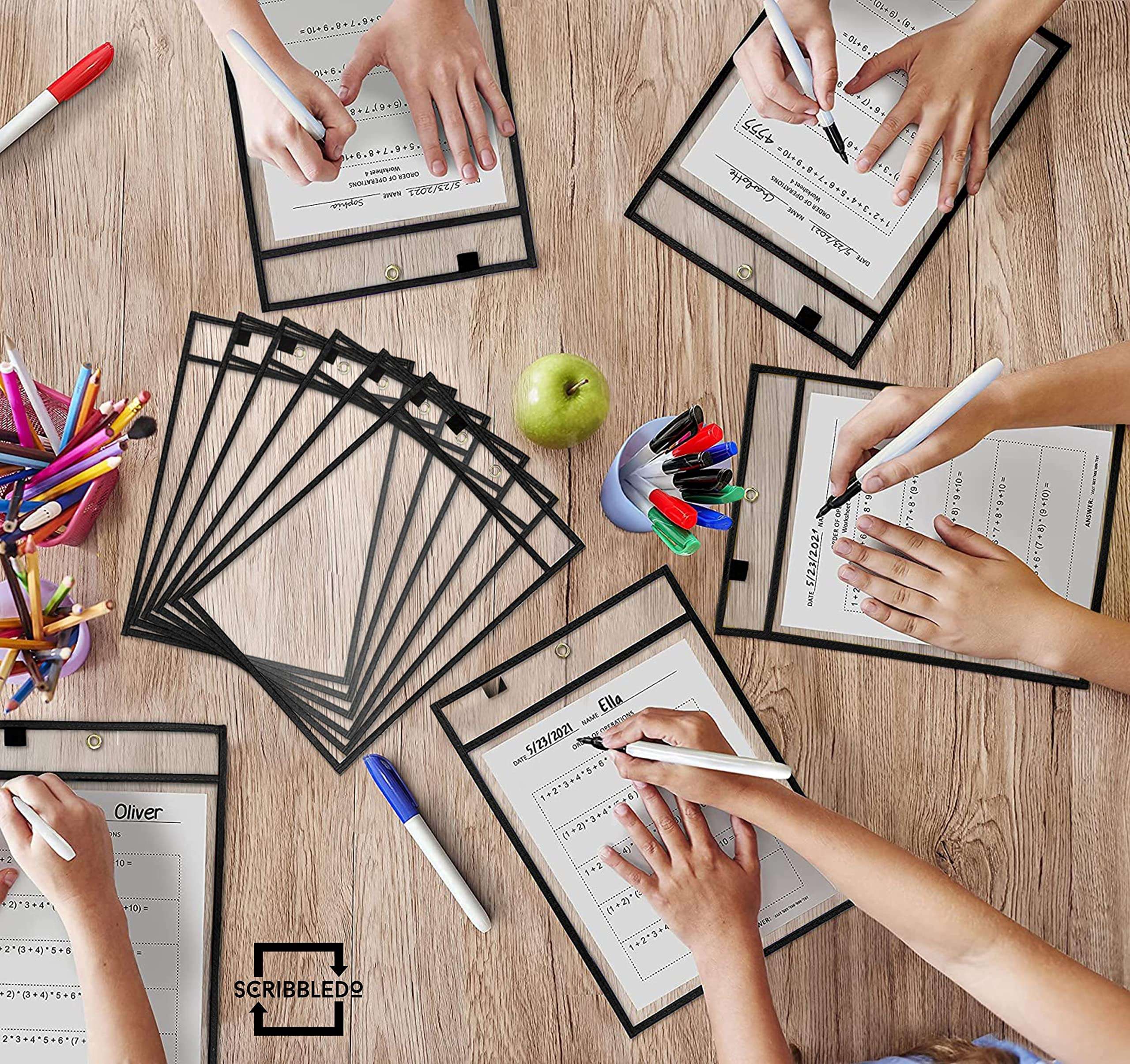 Scribbledo 6 Pack Dry Erase Pockets - Black Plastic Sleeves for Paper - Heavy Duty Clear Sleeves - Teacher Supplies for Classroom & Office - Image 8