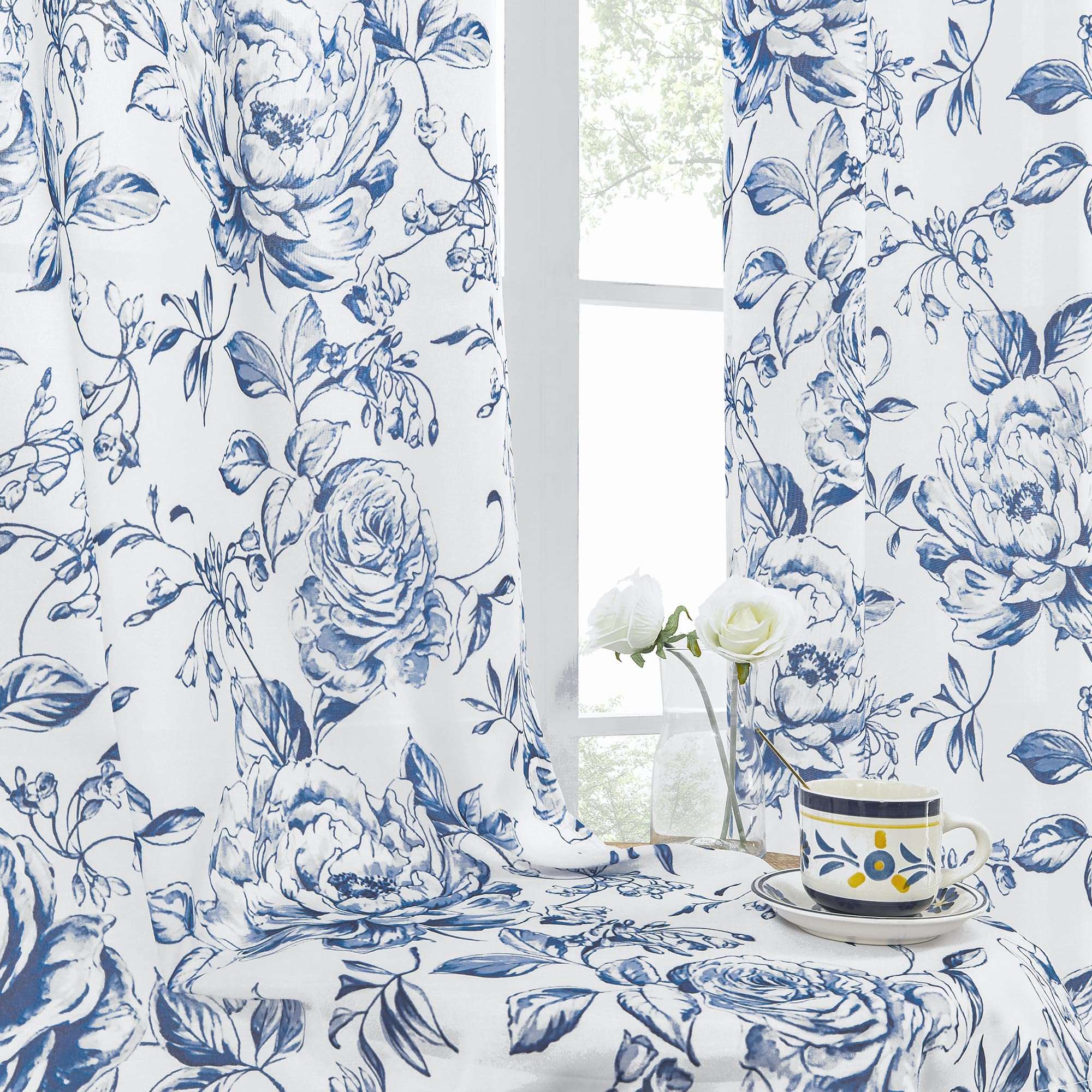 Beauoop Floral Curtains 84 Inches Long 2 Panels for Bedroom Living Room Blue Rose Flower Patterned Farmhouse Light Filtering Room Darkening Privacy Grommet Top Window Treatments Drapes, 50X84 - Image 6