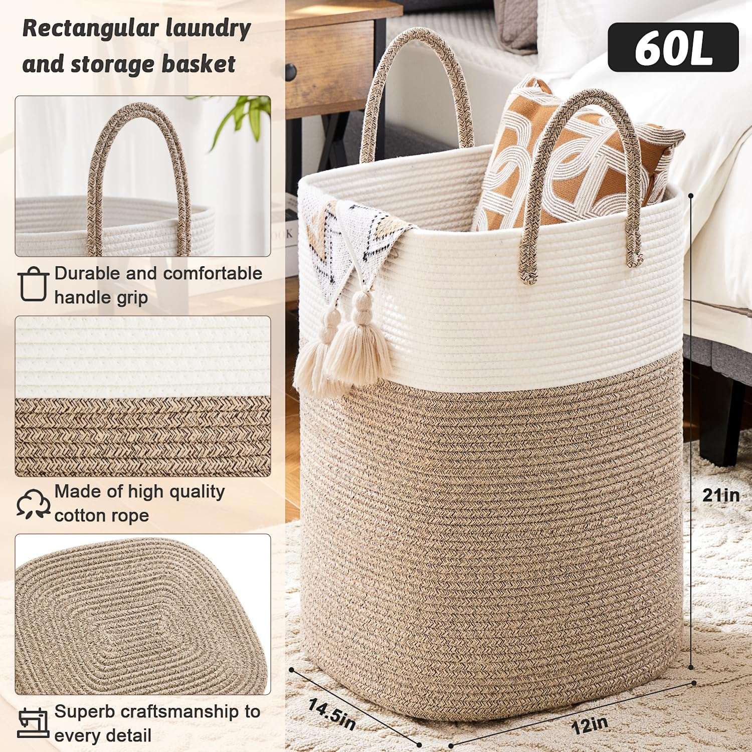 Laundry Basket,Woven Cotton Rope Laundry Hamper,Versatile Storage for Dirty Clothes,Baby Toys,and Blankets in Bathroom, Nursery,and Living Room (Brown, 60L) - Image 3