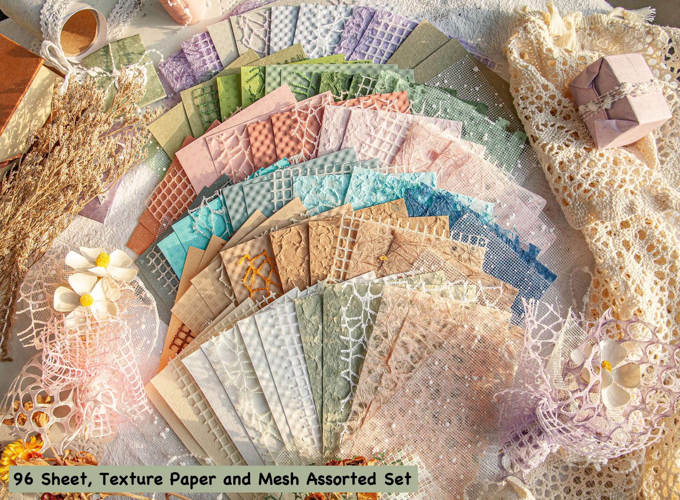 96 Sheets Textured Scrapbook Paper and Mesh Fabric Assorted Set - 6 Pack Mixed Special Paper for Scrapbooking Planner Bullet Junk Journal Supplies Mixed Media Collage Card Embellishments 3.9x5.5 Inch - Image 2